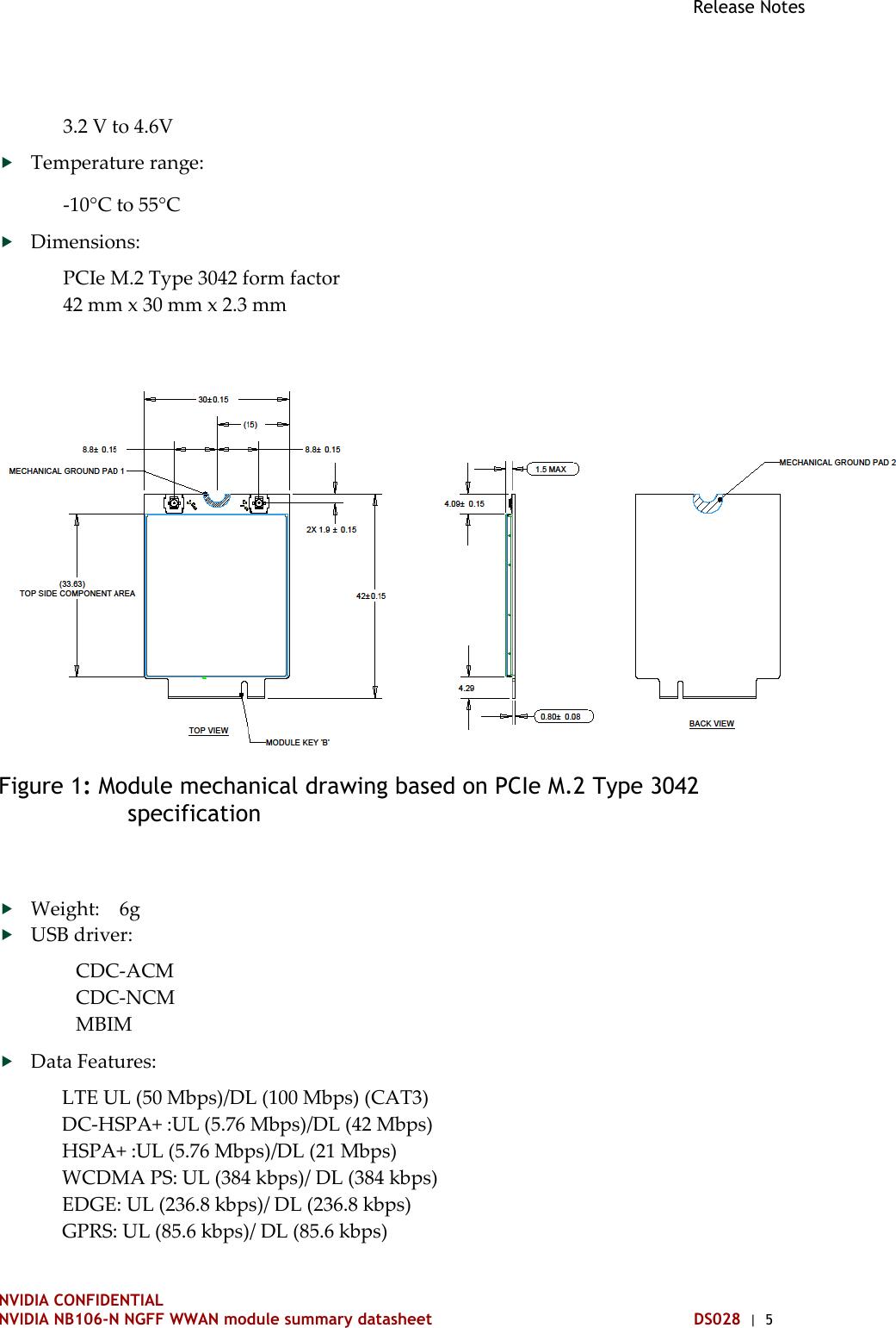 Release Notes   NVIDIA CONFIDENTIAL NVIDIA NB106-N NGFF WWAN module summary datasheet DS028  |  5 3.2 V to 4.6V  Temperature range: -10°C to 55°C  Dimensions: PCIe M.2 Type 3042 form factor 42 mm x 30 mm x 2.3 mm  Figure 1: Module mechanical drawing based on PCIe M.2 Type 3042 specification   Weight:    6g  USB driver: CDC-ACM CDC-NCM MBIM  Data Features: LTE UL (50 Mbps)/DL (100 Mbps) (CAT3) DC-HSPA+ :UL (5.76 Mbps)/DL (42 Mbps) HSPA+ :UL (5.76 Mbps)/DL (21 Mbps) WCDMA PS: UL (384 kbps)/ DL (384 kbps) EDGE: UL (236.8 kbps)/ DL (236.8 kbps) GPRS: UL (85.6 kbps)/ DL (85.6 kbps) 