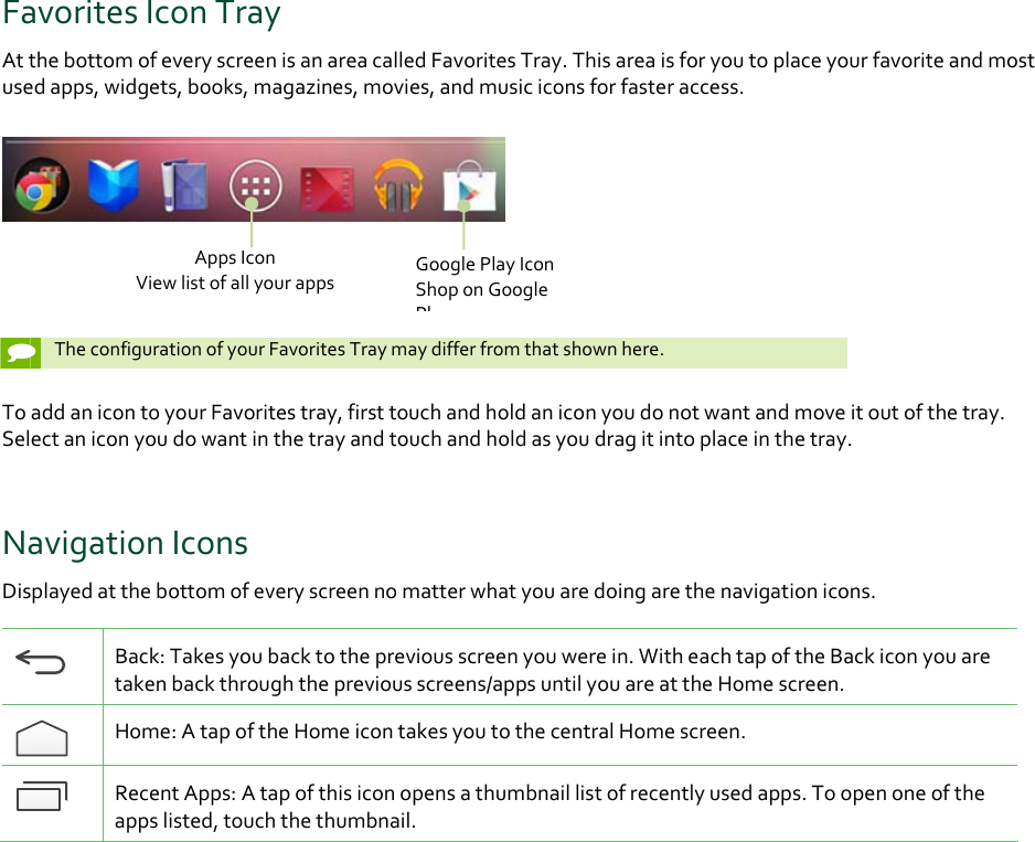 FavoritesIconTrayAtthebottomofeveryscreenisanareacalledFavoritesTray.Thisareaisforyoutoplaceyourfavoriteandmostusedapps,widgets,books,magazines,movies,andmusiciconsforfasteraccess.  TheconfigurationofyourFavoritesTraymaydifferfromthatshownhere.ToaddanicontoyourFavoritestray,firsttouchandholdaniconyoudonotwantandmoveitoutofthetray.Selectaniconyoudowantinthetrayandtouchandholdasyoudragitintoplaceinthetray.NavigationIconsDisplayedatthebottomofeveryscreennomatterwhatyouaredoingarethenavigationicons.Back:Takesyoubacktothepreviousscreenyouwerein.WitheachtapoftheBackiconyouaretakenbackthroughthepreviousscreens/appsuntilyouareattheHomescreen.Home:AtapoftheHomeicontakesyoutothecentralHomescreen.RecentApps:Atapofthisiconopensathumbnaillistofrecentlyusedapps.Toopenoneoftheappslisted,touchthethumbnail.AppsIconViewlistofallyourappsGooglePlayIconShoponGooglePl