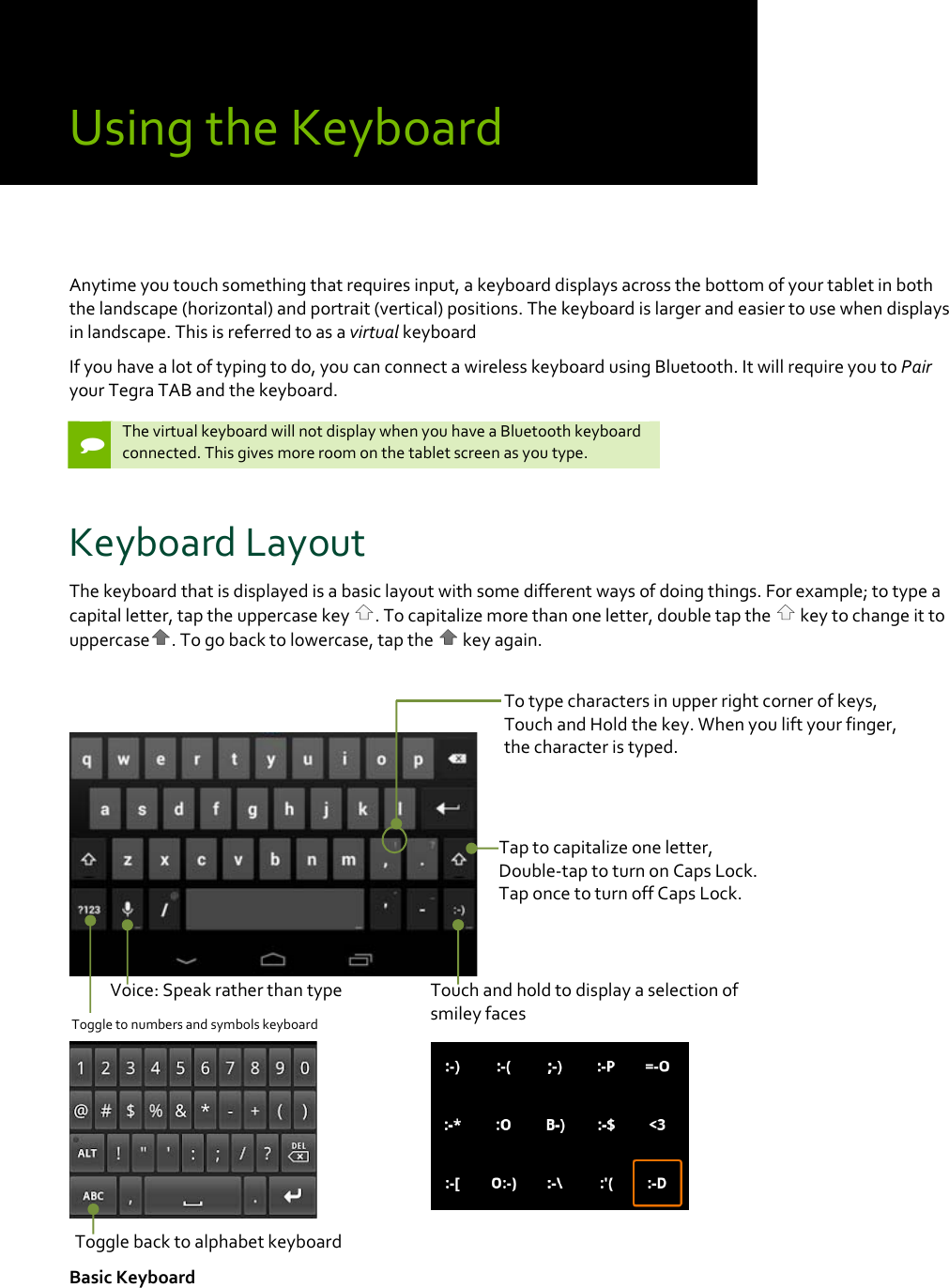 UsingtheKeyboardAnytimeyoutouchsomethingthatrequiresinput,akeyboarddisplaysacrossthebottomofyourtabletinboththelandscape(horizontal)andportrait(vertical)positions.Thekeyboardislargerandeasiertousewhendisplaysinlandscape.ThisisreferredtoasavirtualkeyboardIfyouhavealotoftypingtodo,youcanconnectawirelesskeyboardusingBluetooth.ItwillrequireyoutoPairyourTegraTABandthekeyboard.ThevirtualkeyboardwillnotdisplaywhenyouhaveaBluetoothkeyboardconnected.Thisgivesmoreroomonthetabletscreenasyoutype.KeyboardLayoutThekeyboardthatisdisplayedisabasiclayoutwithsomedifferentwaysofdoingthings.Forexample;totypeacapitalletter,taptheuppercasekey.Tocapitalizemorethanoneletter,doubletapthe keytochangeittouppercase .Togobacktolowercase,tapthe keyagain.BasicKeyboardTaptocapitalizeoneletter,Double‐taptoturnonCapsLock.TaponcetoturnoffCapsLock.ToggletonumbersandsymbolskeyboardVoice:Speakratherthantype TouchandholdtodisplayaselectionofsmileyfacesTotypecharactersinupperrightcornerofkeys,TouchandHoldthekey.Whenyouliftyourfinger,thecharacteristyped.Togglebacktoalphabetkeyboard