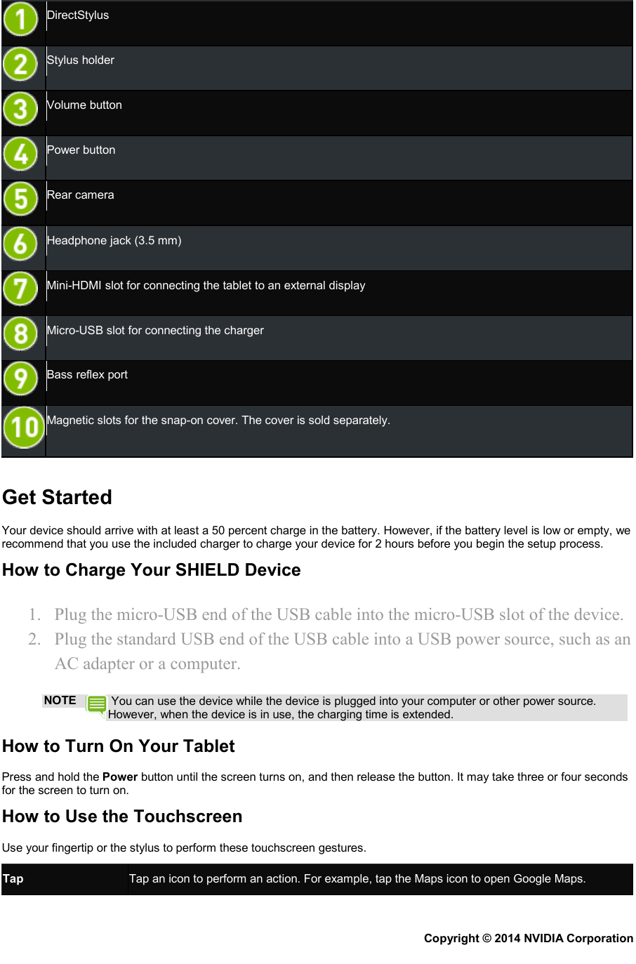  DirectStylus  Stylus holder  Volume button  Power button  Rear camera  Headphone jack (3.5 mm)  Mini-HDMI slot for connecting the tablet to an external display  Micro-USB slot for connecting the charger  Bass reflex port  Magnetic slots for the snap-on cover. The cover is sold separately.   Get Started Your device should arrive with at least a 50 percent charge in the battery. However, if the battery level is low or empty, we recommend that you use the included charger to charge your device for 2 hours before you begin the setup process. How to Charge Your SHIELD Device 1. Plug the micro-USB end of the USB cable into the micro-USB slot of the device. 2. Plug the standard USB end of the USB cable into a USB power source, such as an AC adapter or a computer. NOTE  You can use the device while the device is plugged into your computer or other power source. However, when the device is in use, the charging time is extended. How to Turn On Your Tablet Press and hold the Power button until the screen turns on, and then release the button. It may take three or four seconds for the screen to turn on. How to Use the Touchscreen Use your fingertip or the stylus to perform these touchscreen gestures. Tap Tap an icon to perform an action. For example, tap the Maps icon to open Google Maps. Copyright © 2014 NVIDIA Corporation   