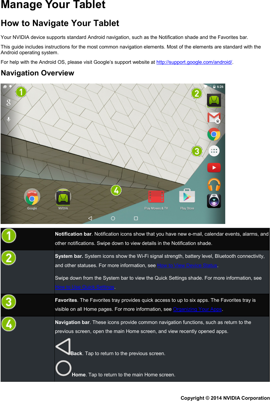 Manage Your Tablet How to Navigate Your Tablet Your NVIDIA device supports standard Android navigation, such as the Notification shade and the Favorites bar. This guide includes instructions for the most common navigation elements. Most of the elements are standard with the Android operating system. For help with the Android OS, please visit Google’s support website at http://support.google.com/android/. Navigation Overview   Notification bar. Notification icons show that you have new e-mail, calendar events, alarms, and other notifications. Swipe down to view details in the Notification shade.  System bar. System icons show the Wi-Fi signal strength, battery level, Bluetooth connectivity, and other statuses. For more information, see How to View Device Status. Swipe down from the System bar to view the Quick Settings shade. For more information, see How to Use Quick Settings.  Favorites. The Favorites tray provides quick access to up to six apps. The Favorites tray is visible on all Home pages. For more information, see Organizing Your Apps.  Navigation bar. These icons provide common navigation functions, such as return to the previous screen, open the main Home screen, and view recently opened apps. Back. Tap to return to the previous screen. Home. Tap to return to the main Home screen. Copyright © 2014 NVIDIA Corporation   