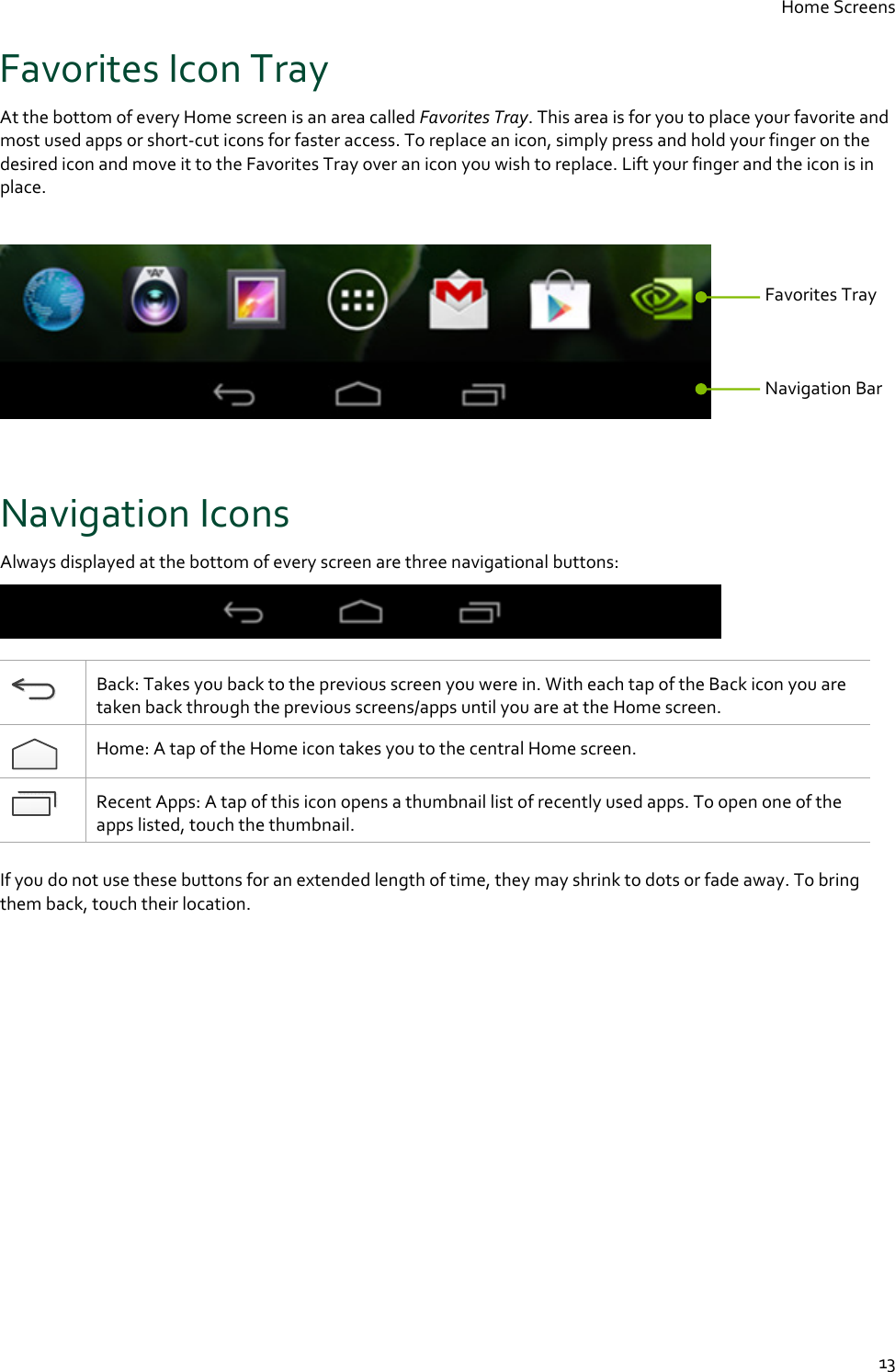 Home Screens  13 Favorites Icon Tray At the bottom of every Home screen is an area called Favorites Tray. This area is for you to place your favorite and most used apps or short-cut icons for faster access. To replace an icon, simply press and hold your finger on the desired icon and move it to the Favorites Tray over an icon you wish to replace. Lift your finger and the icon is in place.    Navigation Icons Always displayed at the bottom of every screen are three navigational buttons:    Back: Takes you back to the previous screen you were in. With each tap of the Back icon you are taken back through the previous screens/apps until you are at the Home screen.  Home: A tap of the Home icon takes you to the central Home screen.  Recent Apps: A tap of this icon opens a thumbnail list of recently used apps. To open one of the apps listed, touch the thumbnail.  If you do not use these buttons for an extended length of time, they may shrink to dots or fade away. To bring them back, touch their location.    Favorites Tray Navigation Bar 