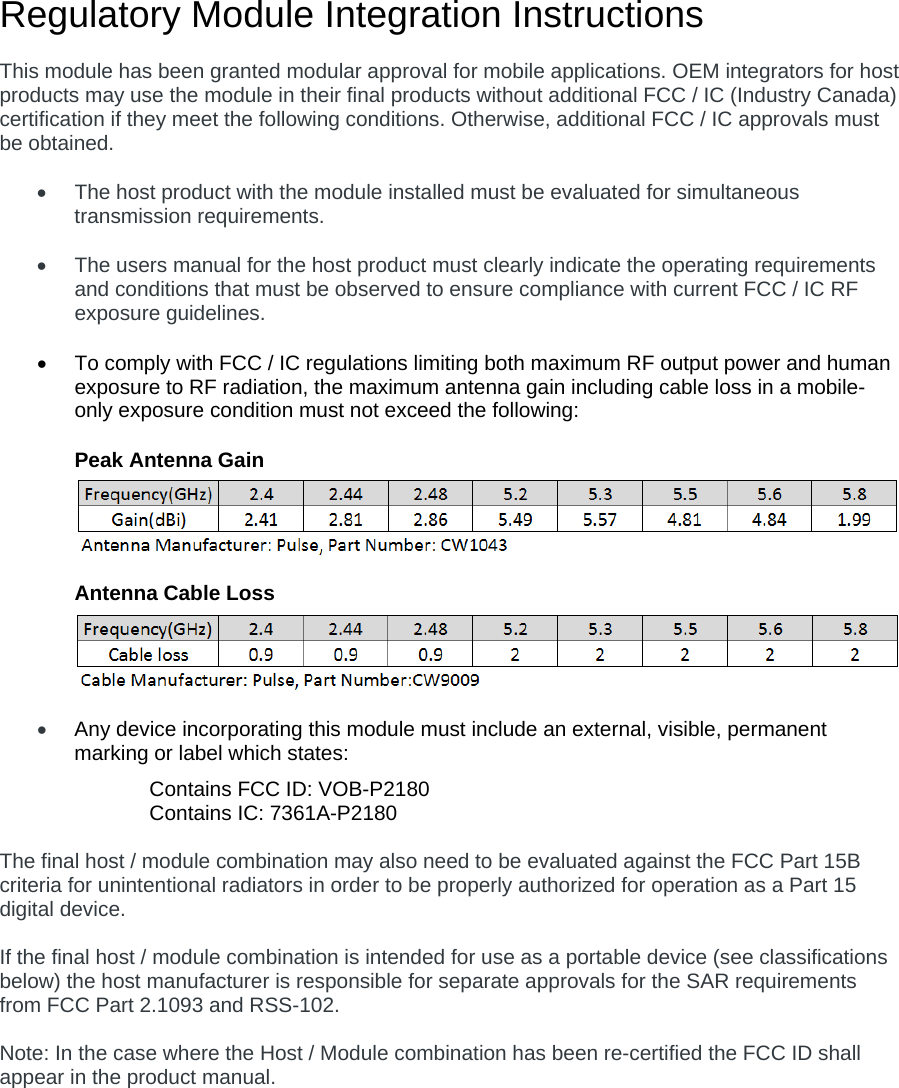 Regulatory Module Integration Instructions  This module has been granted modular approval for mobile applications. OEM integrators for host products may use the module in their final products without additional FCC / IC (Industry Canada) certification if they meet the following conditions. Otherwise, additional FCC / IC approvals must be obtained.    The host product with the module installed must be evaluated for simultaneous transmission requirements.    The users manual for the host product must clearly indicate the operating requirements and conditions that must be observed to ensure compliance with current FCC / IC RF exposure guidelines.    To comply with FCC / IC regulations limiting both maximum RF output power and human exposure to RF radiation, the maximum antenna gain including cable loss in a mobile-only exposure condition must not exceed the following:  Peak Antenna Gain  Antenna Cable Loss   Any device incorporating this module must include an external, visible, permanent marking or label which states:  Contains FCC ID: VOB-P2180 Contains IC: 7361A-P2180  The final host / module combination may also need to be evaluated against the FCC Part 15B criteria for unintentional radiators in order to be properly authorized for operation as a Part 15 digital device.    If the final host / module combination is intended for use as a portable device (see classifications below) the host manufacturer is responsible for separate approvals for the SAR requirements from FCC Part 2.1093 and RSS-102.  Note: In the case where the Host / Module combination has been re-certified the FCC ID shall appear in the product manual.    