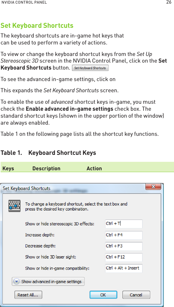 NVIDIA CONTROL PANEL Set Keyboard ShortcutsThe keyboard shortcuts are in-game hot keys that can be used to perform a variety of actions.To view or change the keyboard shortcut keys from the Set Up Stereoscopic 3D screen in the NVIDIA Control Panel, click on the Set Keyboard Shortcuts button. To see the advanced in-game settings, click on This expands the Set Keyboard Shortcuts screen.To enable the use of advanced shortcut keys in-game, you must check the Enable advanced in-game settings check box. The standard shortcut keys (shown in the upper portion of the window)  are always enabled.Table 1 on the following page lists all the shortcut key functions.Table 1.  Keyboard Shortcut KeysKeys Description Action