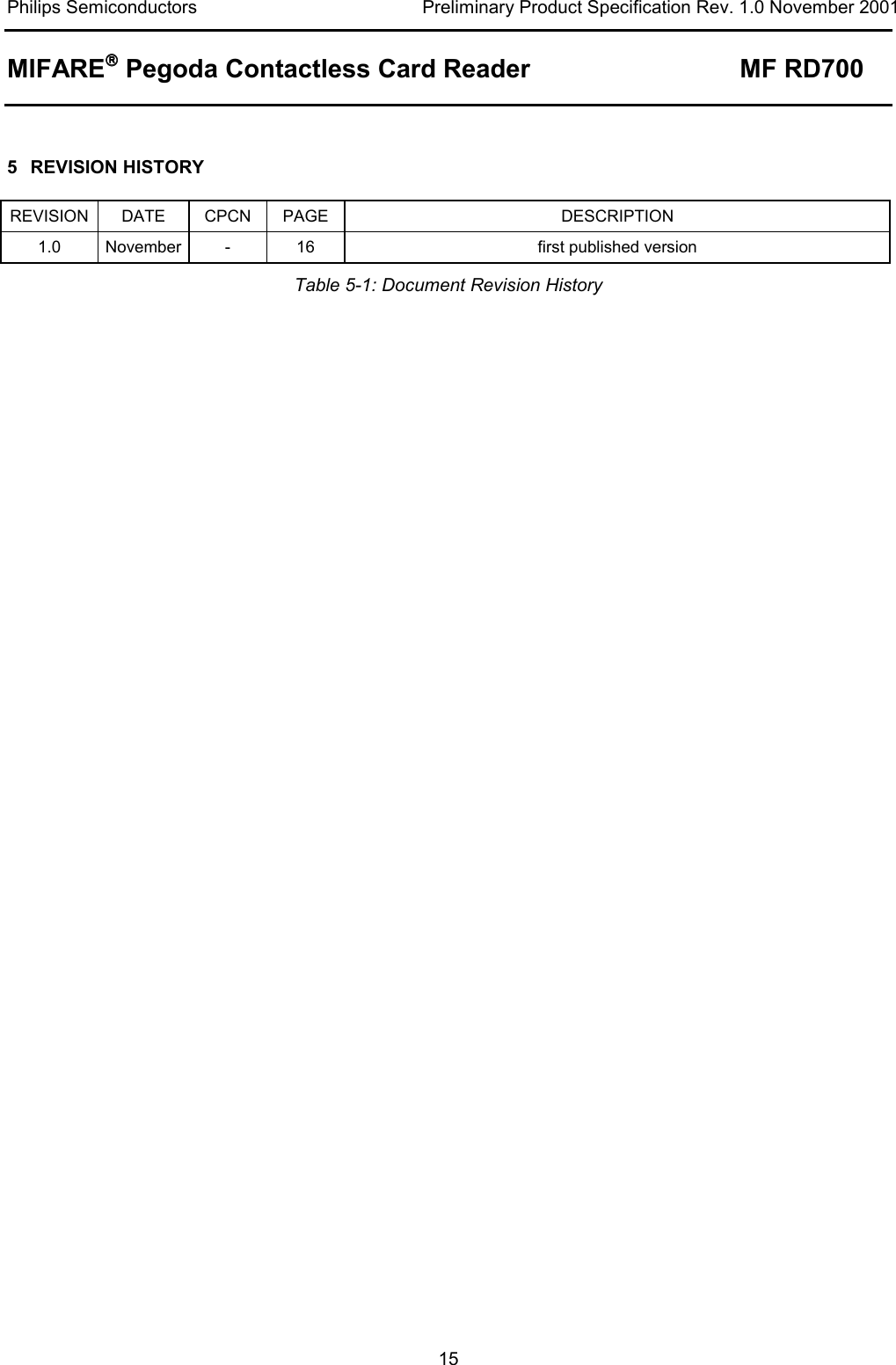 Philips Semiconductors  Preliminary Product Specification Rev. 1.0 November 2001 MIFARE Pegoda Contactless Card Reader MF RD700   15  5 REVISION HISTORY REVISION DATE  CPCN PAGE  DESCRIPTION 1.0 November -  16  first published version Table 5-1: Document Revision History 