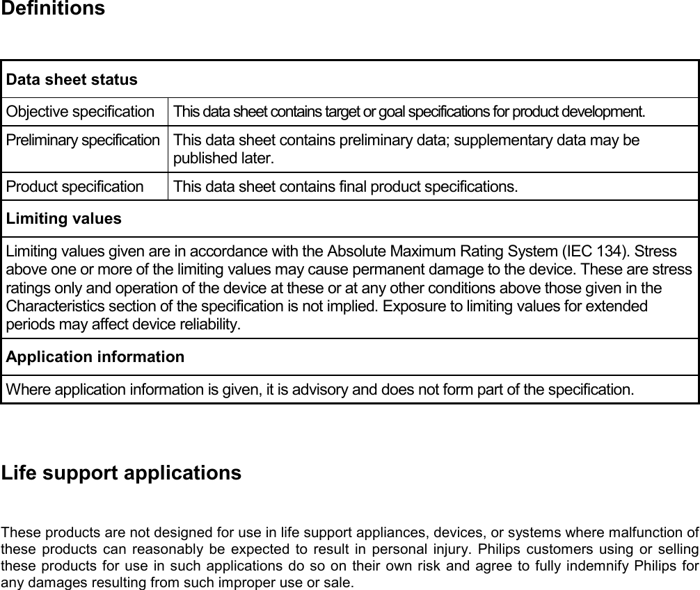   Definitions  Data sheet status Objective specification  This data sheet contains target or goal specifications for product development. Preliminary specification  This data sheet contains preliminary data; supplementary data may be published later. Product specification  This data sheet contains final product specifications. Limiting values Limiting values given are in accordance with the Absolute Maximum Rating System (IEC 134). Stress above one or more of the limiting values may cause permanent damage to the device. These are stress ratings only and operation of the device at these or at any other conditions above those given in the Characteristics section of the specification is not implied. Exposure to limiting values for extended periods may affect device reliability. Application information Where application information is given, it is advisory and does not form part of the specification.   Life support applications  These products are not designed for use in life support appliances, devices, or systems where malfunction of these products can reasonably be expected to result in personal injury. Philips customers using or selling these products for use in such applications do so on their own risk and agree to fully indemnify Philips for any damages resulting from such improper use or sale. 