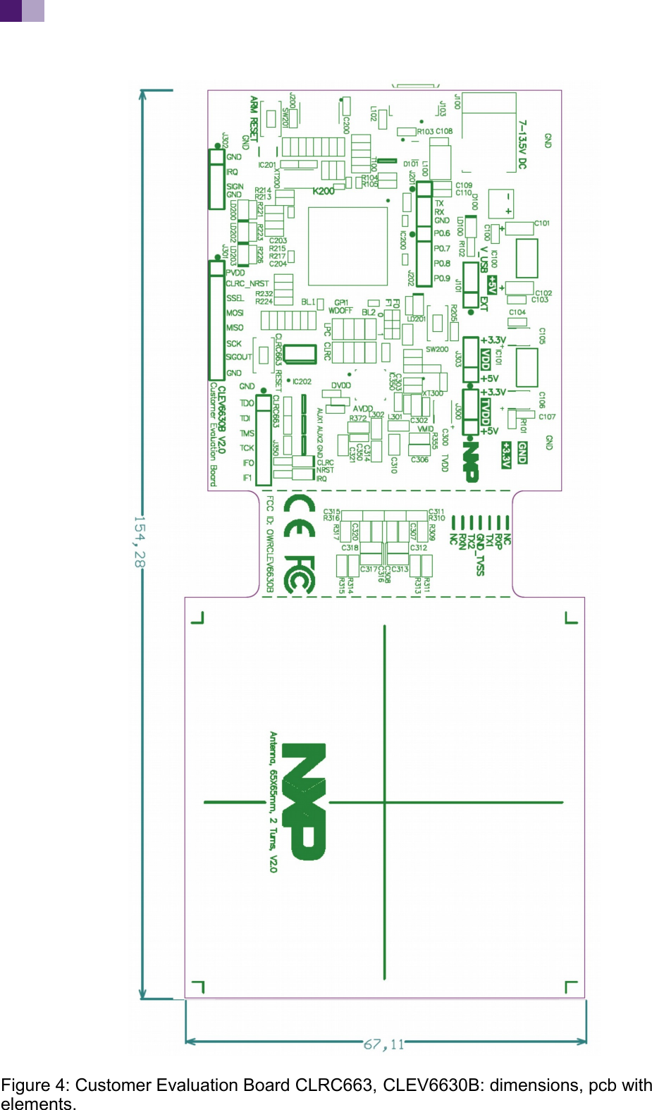 Figure 4: Customer Evaluation Board CLRC663, CLEV6630B: dimensions, pcb with elements.