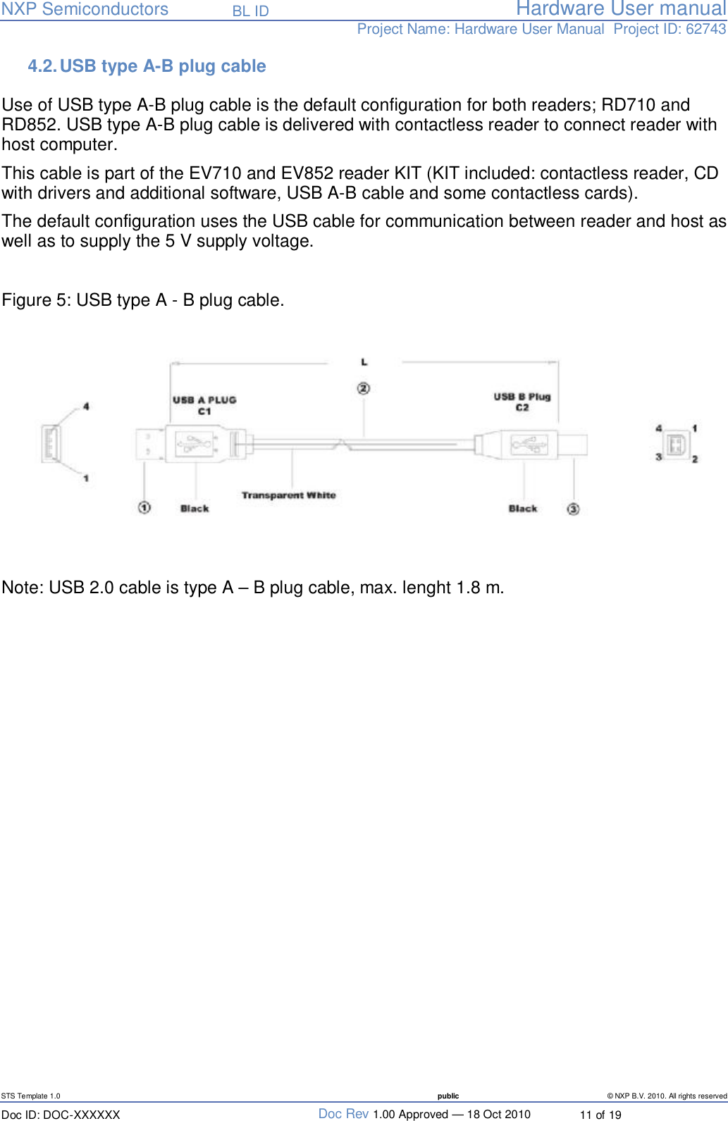   NXP Semiconductors   BL ID Hardware User manualProject Name: Hardware User Manual  Project ID: 62743   STS Template 1.0  public © NXP B.V. 2010. All rights reserved Doc ID: DOC-XXXXXX  Doc Rev 1.00 Approved — 18 Oct 2010  11 of 19 4.2. USB type A-B plug cable  Use of USB type A-B plug cable is the default configuration for both readers; RD710 and RD852. USB type A-B plug cable is delivered with contactless reader to connect reader with host computer. This cable is part of the EV710 and EV852 reader KIT (KIT included: contactless reader, CD with drivers and additional software, USB A-B cable and some contactless cards).  The default configuration uses the USB cable for communication between reader and host as well as to supply the 5 V supply voltage.   Figure 5: USB type A - B plug cable.    Note: USB 2.0 cable is type A – B plug cable, max. lenght 1.8 m.      
