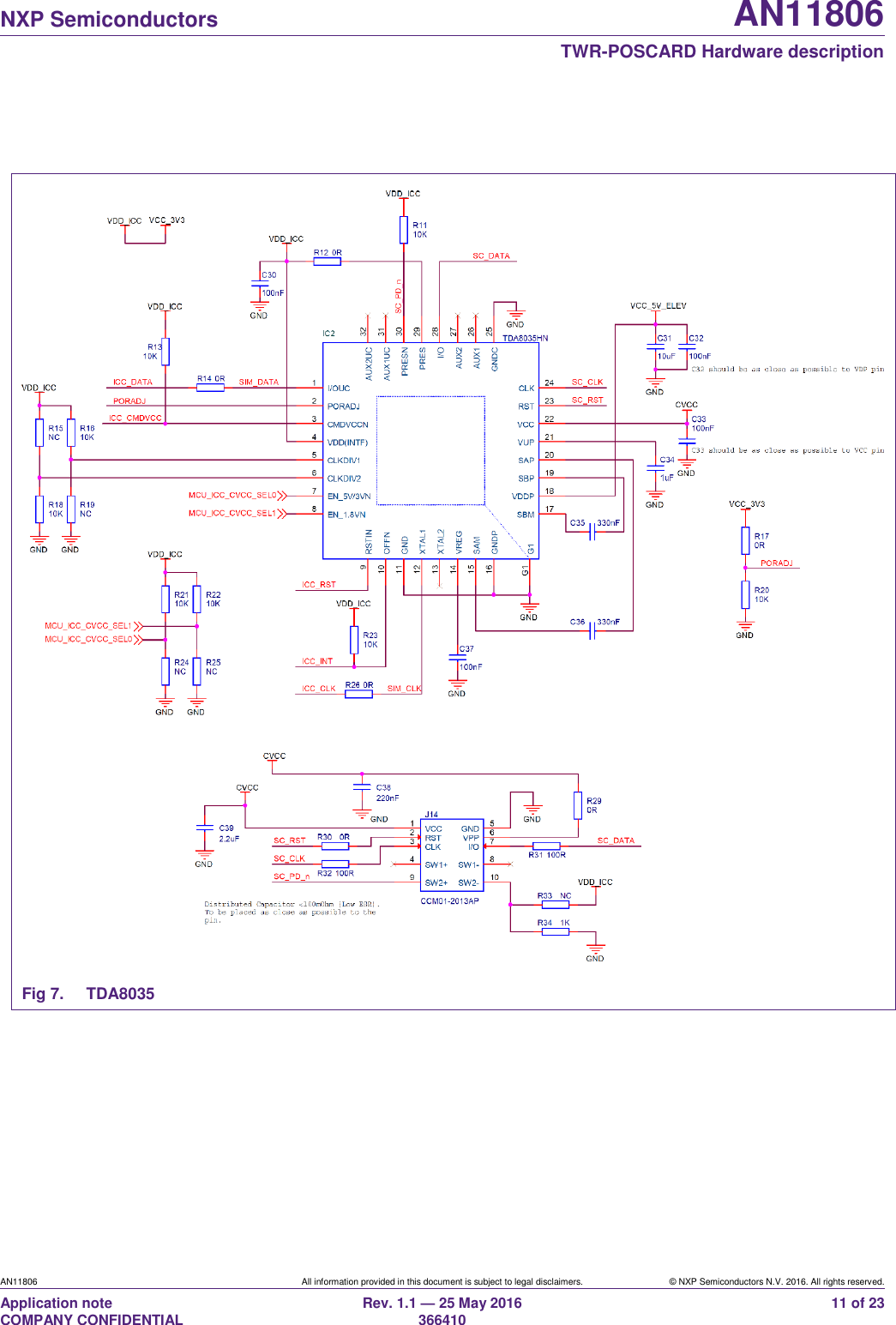  NXP Semiconductors AN11806  TWR-POSCARD Hardware description AN11806 All information provided in this document is subject to legal disclaimers. © NXP Semiconductors N.V. 2016. All rights reserved. Application note                                                                   COMPANY CONFIDENTIAL Rev. 1.1 — 25 May 2016                                                                                                366410 11 of 23    Fig 7.  TDA8035   