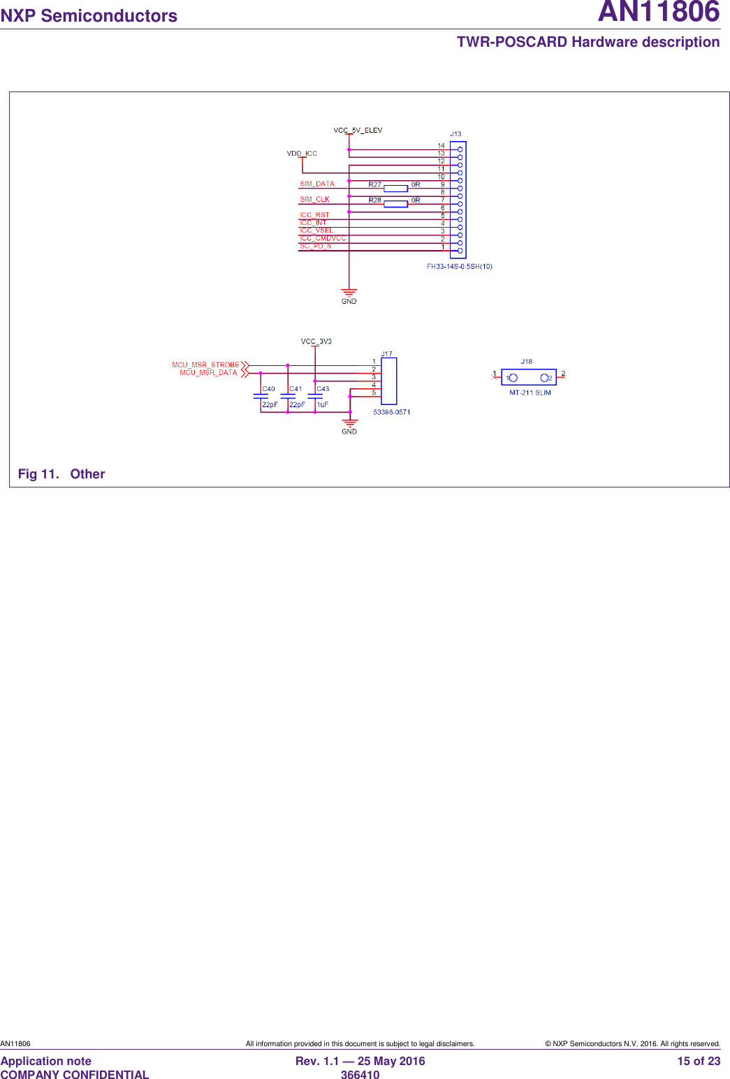  NXP Semiconductors AN11806  TWR-POSCARD Hardware description AN11806 All information provided in this document is subject to legal disclaimers. © NXP Semiconductors N.V. 2016. All rights reserved. Application note                                                                   COMPANY CONFIDENTIAL Rev. 1.1 — 25 May 2016                                                                                                366410 15 of 23  Fig 11.  Other  