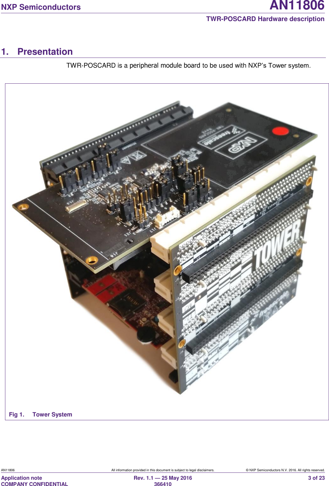   NXP Semiconductors AN11806  TWR-POSCARD Hardware description AN11806 All information provided in this document is subject to legal disclaimers. © NXP Semiconductors N.V. 2016. All rights reserved. Application note                                                                   COMPANY CONFIDENTIAL Rev. 1.1 — 25 May 2016                                                                                                366410 3 of 23 1.  Presentation TWR-POSCARD is a peripheral module board to be used with NXP’s Tower system.   Fig 1.  Tower System  