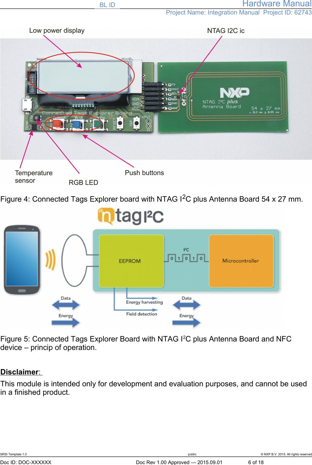 BL ID Hardware ManualProject Name: Integration Manual  Project ID: 62743Figure 4: Connected Tags Explorer board with NTAG I2C plus Antenna Board 54 x 27 mm.  Figure 5: Connected Tags Explorer Board with NTAG I2C plus Antenna Board and NFC device &ndash; princip of operation.Disclaimer   : This module is intended only for development and evaluation purposes, and cannot be used in a finished product. SRSt Template 1.0 public &copy; NXP B.V. 2015. All rights reservedDoc ID: DOC-XXXXXX Doc Rev 1.00 Approved &mdash; 2015.09.01 6 of 18