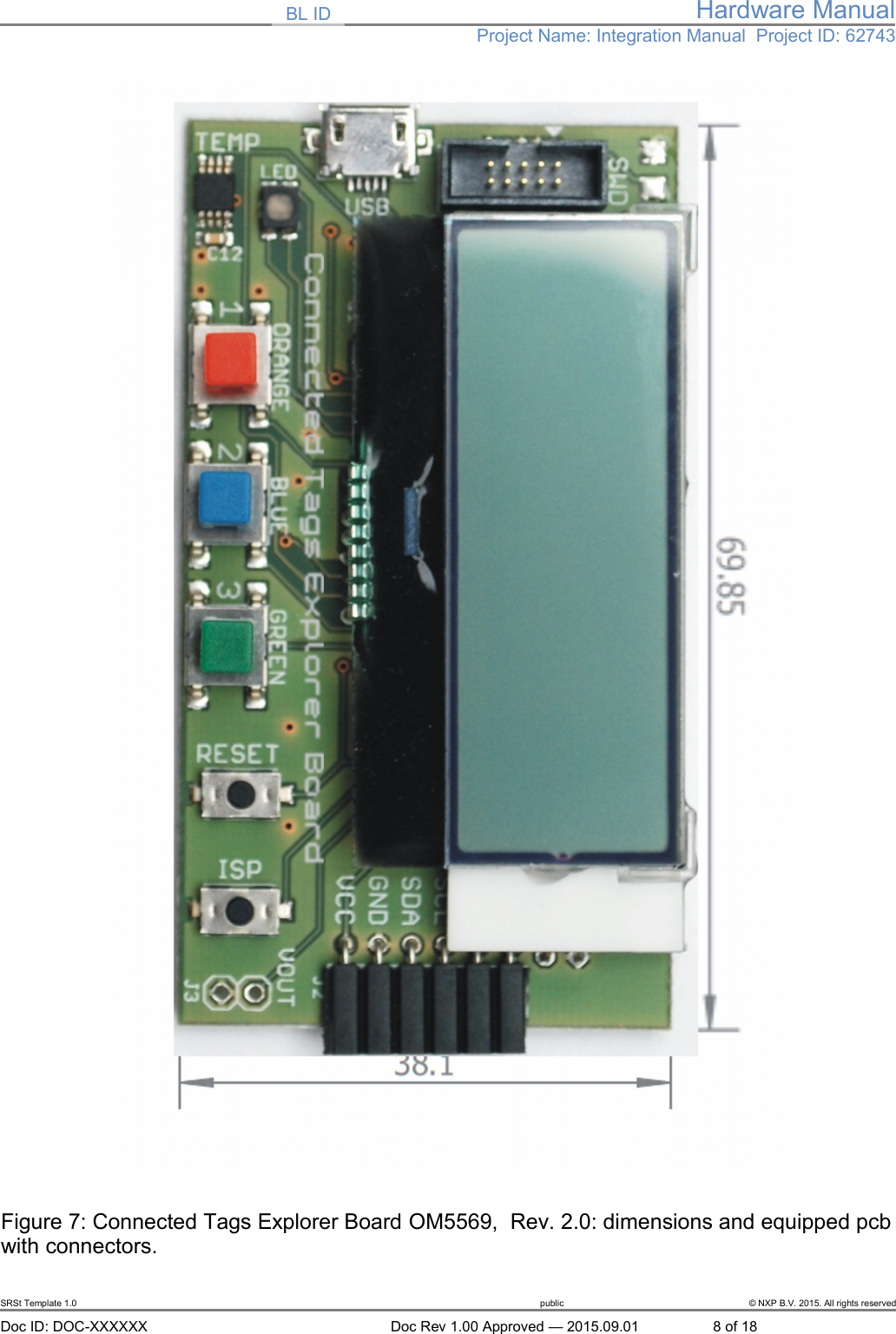 BL ID Hardware ManualProject Name: Integration Manual  Project ID: 62743Figure 7: Connected Tags Explorer Board OM5569,  Rev. 2.0: dimensions and equipped pcbwith connectors. SRSt Template 1.0 public &copy; NXP B.V. 2015. All rights reservedDoc ID: DOC-XXXXXX Doc Rev 1.00 Approved &mdash; 2015.09.01 8 of 18