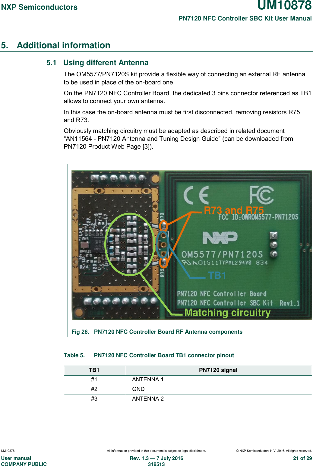   NXP Semiconductors UM10878  PN7120 NFC Controller SBC Kit User Manual UM10878 All information provided in this document is subject to legal disclaimers. © NXP Semiconductors N.V. 2016. All rights reserved. User manual                                                                                     COMPANY PUBLIC   Rev. 1.3 — 7 July 2016                                                                                   318513 21 of 29 5.  Additional information 5.1  Using different Antenna The OM5577/PN7120S kit provide a flexible way of connecting an external RF antenna to be used in place of the on-board one. On the PN7120 NFC Controller Board, the dedicated 3 pins connector referenced as TB1 allows to connect your own antenna. In this case the on-board antenna must be first disconnected, removing resistors R75 and R73. Obviously matching circuitry must be adapted as described in related document “AN11564 - PN7120 Antenna and Tuning Design Guide” (can be downloaded from PN7120 Product Web Page [3]).   Fig 26.  PN7120 NFC Controller Board RF Antenna components  Table 5.  PN7120 NFC Controller Board TB1 connector pinout  TB1 PN7120 signal #1 ANTENNA 1 #2 GND #3 ANTENNA 2  TB1 R73 and R75 Matching circuitry 