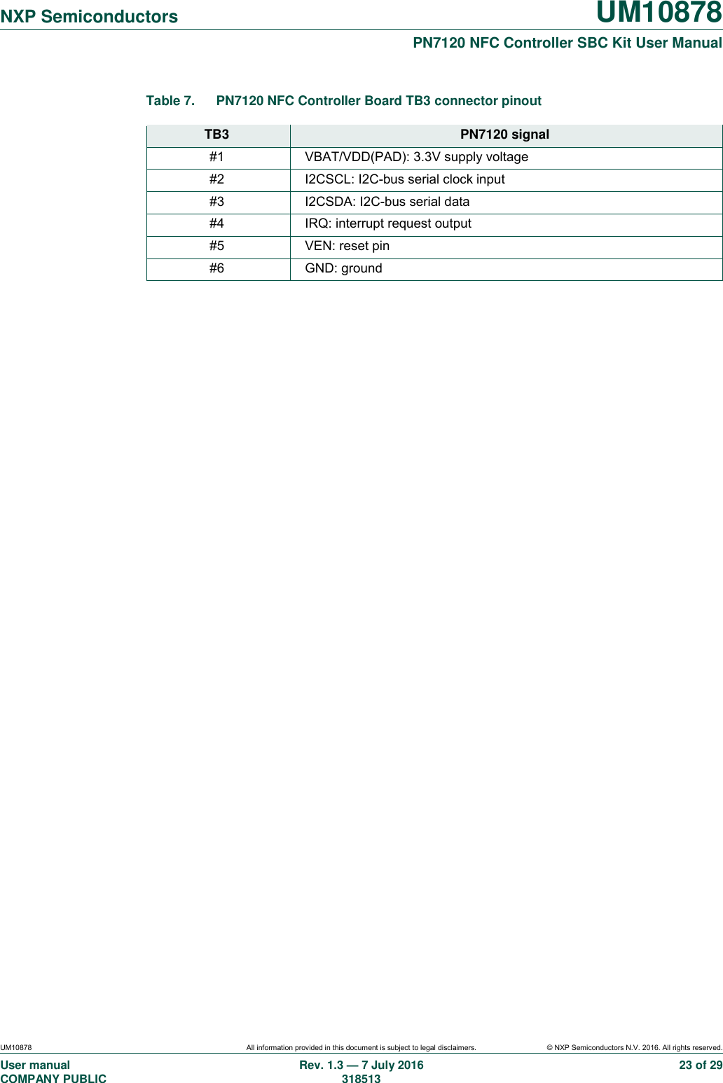   NXP Semiconductors UM10878  PN7120 NFC Controller SBC Kit User Manual UM10878 All information provided in this document is subject to legal disclaimers. © NXP Semiconductors N.V. 2016. All rights reserved. User manual                                                                                     COMPANY PUBLIC   Rev. 1.3 — 7 July 2016                                                                                   318513 23 of 29 Table 7.  PN7120 NFC Controller Board TB3 connector pinout  TB3 PN7120 signal #1 VBAT/VDD(PAD): 3.3V supply voltage #2 I2CSCL: I2C-bus serial clock input #3 I2CSDA: I2C-bus serial data #4 IRQ: interrupt request output #5 VEN: reset pin #6 GND: ground    
