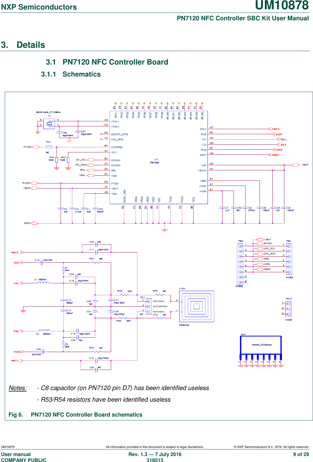   NXP Semiconductors UM10878  PN7120 NFC Controller SBC Kit User Manual UM10878 All information provided in this document is subject to legal disclaimers. © NXP Semiconductors N.V. 2016. All rights reserved. User manual                                                                                     COMPANY PUBLIC   Rev. 1.3 — 7 July 2016                                                                                   318513 9 of 29 3.  Details 3.1  PN7120 NFC Controller Board 3.1.1  Schematics  Notes:   - C8 capacitor (on PN7120 pin D7) has been identified useless  - R53/R54 resistors have been identified useless Fig 6.  PN7120 NFC Controller Board schematics 