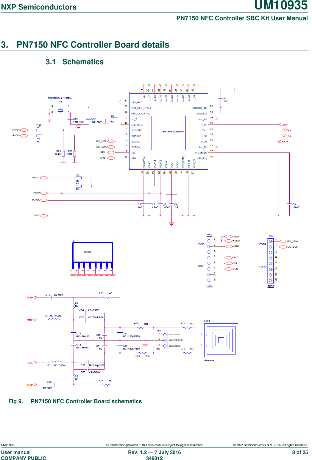   NXP Semiconductors UM10935  PN7150 NFC Controller SBC Kit User Manual UM10935 All information provided in this document is subject to legal disclaimers. © NXP Semiconductors N.V. 2016. All rights reserved. User manual                                                                             COMPANY PUBLIC   Rev. 1.2 — 7 July 2016                                                                                               348012 8 of 25 3.  PN7150 NFC Controller Board details 3.1  Schematics  Fig 9.  PN7150 NFC Controller Board schematics 
