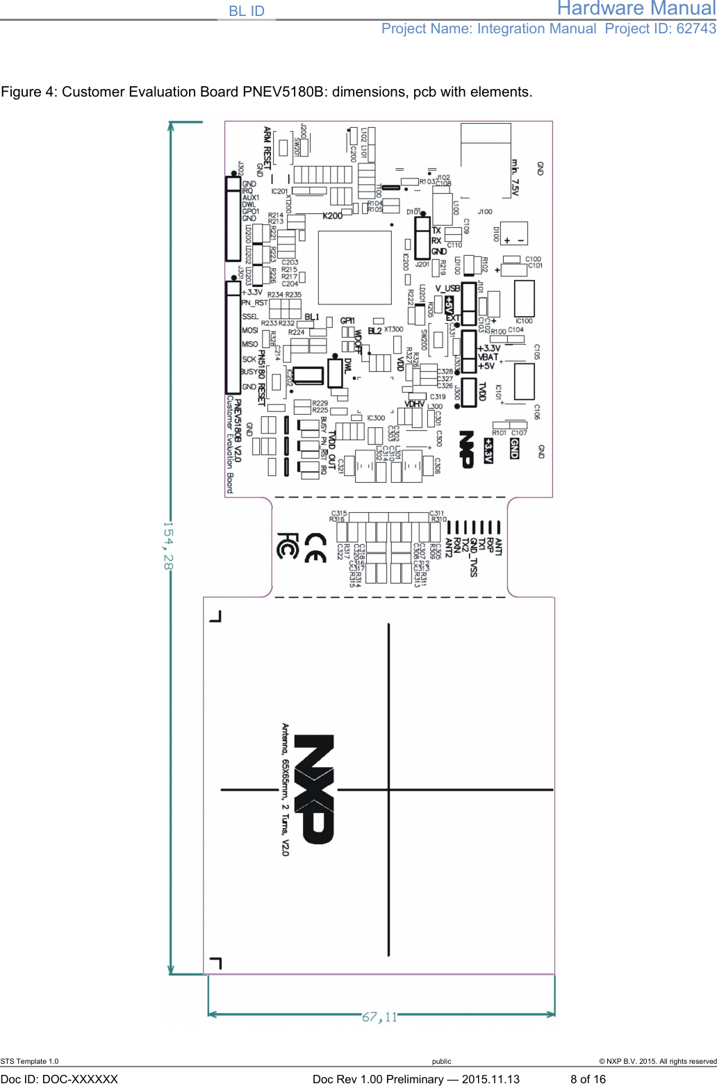 BL ID Hardware ManualProject Name: Integration Manual  Project ID: 62743Figure 4: Customer Evaluation Board PNEV5180B: dimensions, pcb with elements.STS Template 1.0 public © NXP B.V. 2015. All rights reservedDoc ID: DOC-XXXXXX Doc Rev 1.00 Preliminary — 2015.11.13 8 of 16