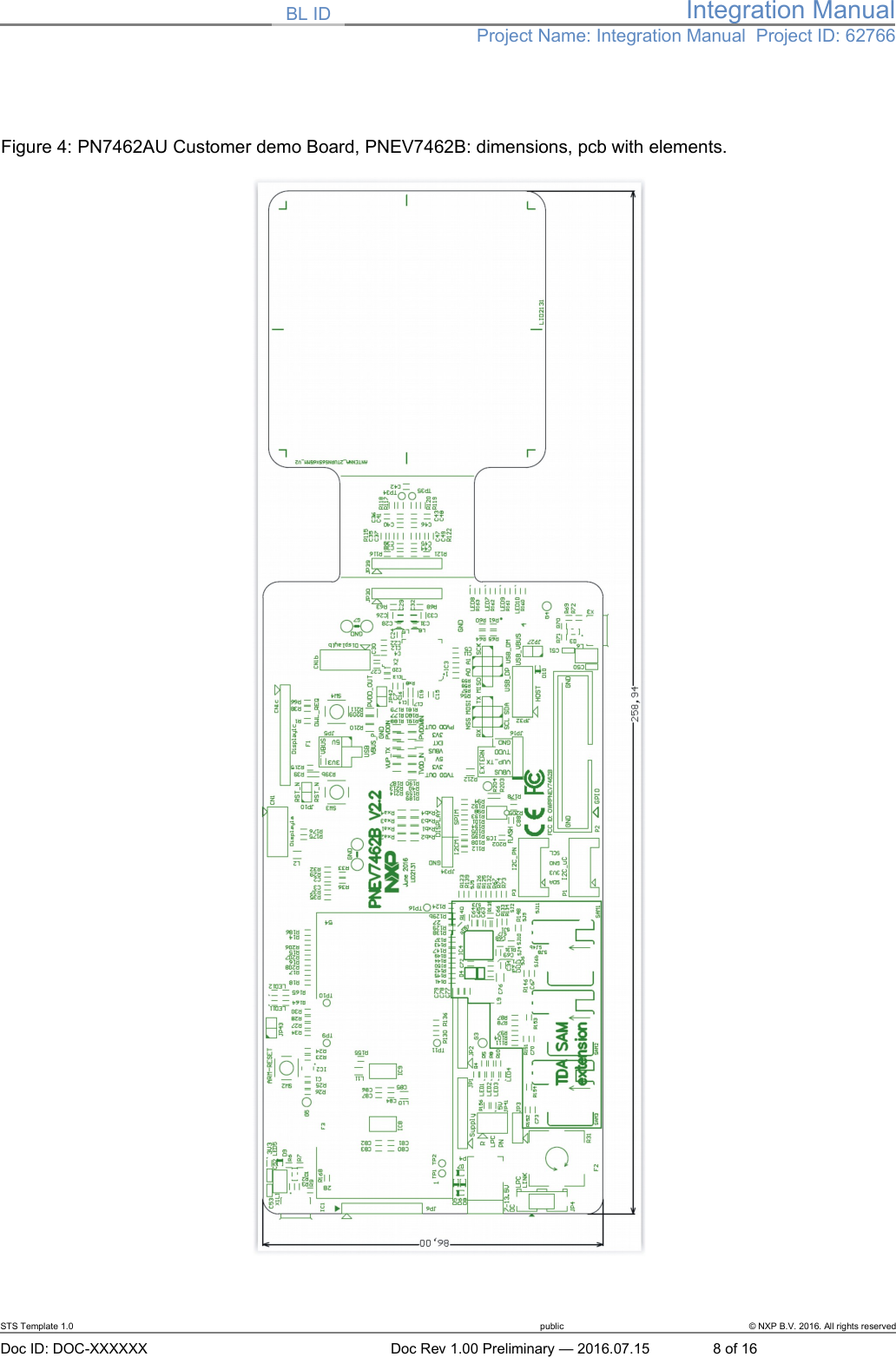 BL ID Integration ManualProject Name: Integration Manual  Project ID: 62766Figure 4: PN7462AU Customer demo Board, PNEV7462B: dimensions, pcb with elements.STS Template 1.0 public © NXP B.V. 2016. All rights reservedDoc ID: DOC-XXXXXX Doc Rev 1.00 Preliminary — 2016.07.15 8 of 16