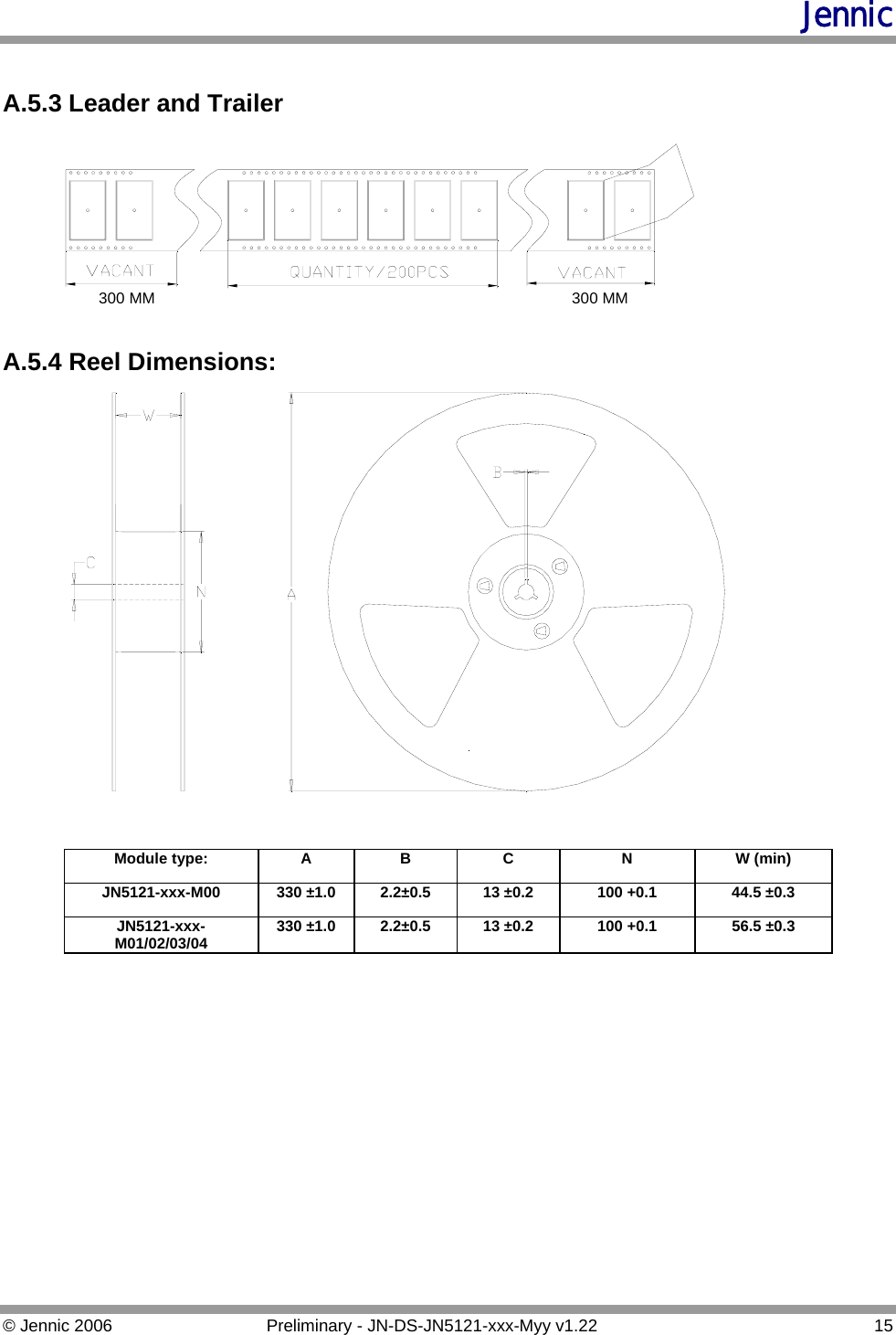 Jennic  A.5.3 Leader and Trailer 300 MM300 MM A.5.4 Reel Dimensions:   Module type:  A  B  C  N  W (min) JN5121-xxx-M00  330 ±1.0  2.2±0.5  13 ±0.2  100 +0.1  44.5 ±0.3 JN5121-xxx-M01/02/03/04  330 ±1.0  2.2±0.5  13 ±0.2  100 +0.1  56.5 ±0.3         © Jennic 2006  Preliminary - JN-DS-JN5121-xxx-Myy v1.22  15 