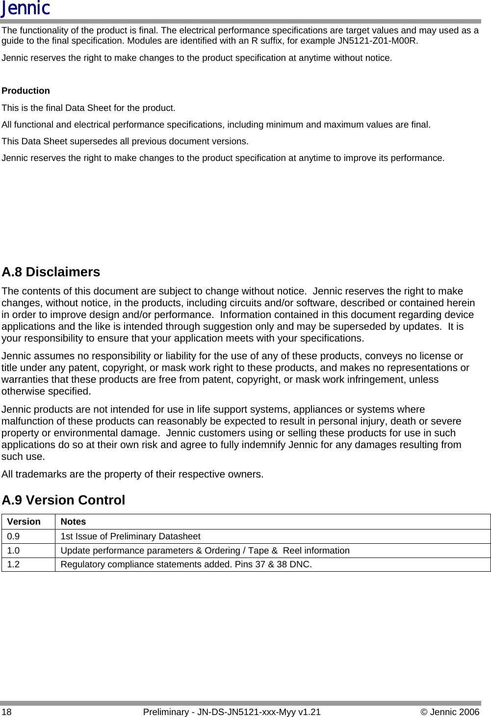 Jennic The functionality of the product is final. The electrical performance specifications are target values and may used as a guide to the final specification. Modules are identified with an R suffix, for example JN5121-Z01-M00R. Jennic reserves the right to make changes to the product specification at anytime without notice.  Production This is the final Data Sheet for the product. All functional and electrical performance specifications, including minimum and maximum values are final. This Data Sheet supersedes all previous document versions. Jennic reserves the right to make changes to the product specification at anytime to improve its performance.        A.8 Disclaimers The contents of this document are subject to change without notice.  Jennic reserves the right to make changes, without notice, in the products, including circuits and/or software, described or contained herein in order to improve design and/or performance.  Information contained in this document regarding device applications and the like is intended through suggestion only and may be superseded by updates.  It is your responsibility to ensure that your application meets with your specifications. Jennic assumes no responsibility or liability for the use of any of these products, conveys no license or title under any patent, copyright, or mask work right to these products, and makes no representations or warranties that these products are free from patent, copyright, or mask work infringement, unless otherwise specified. Jennic products are not intended for use in life support systems, appliances or systems where malfunction of these products can reasonably be expected to result in personal injury, death or severe property or environmental damage.  Jennic customers using or selling these products for use in such applications do so at their own risk and agree to fully indemnify Jennic for any damages resulting from such use. All trademarks are the property of their respective owners. A.9 Version Control Version Notes 0.9  1st Issue of Preliminary Datasheet 1.0  Update performance parameters &amp; Ordering / Tape &amp;  Reel information 1.2  Regulatory compliance statements added. Pins 37 &amp; 38 DNC.  18  Preliminary - JN-DS-JN5121-xxx-Myy v1.21  © Jennic 2006 