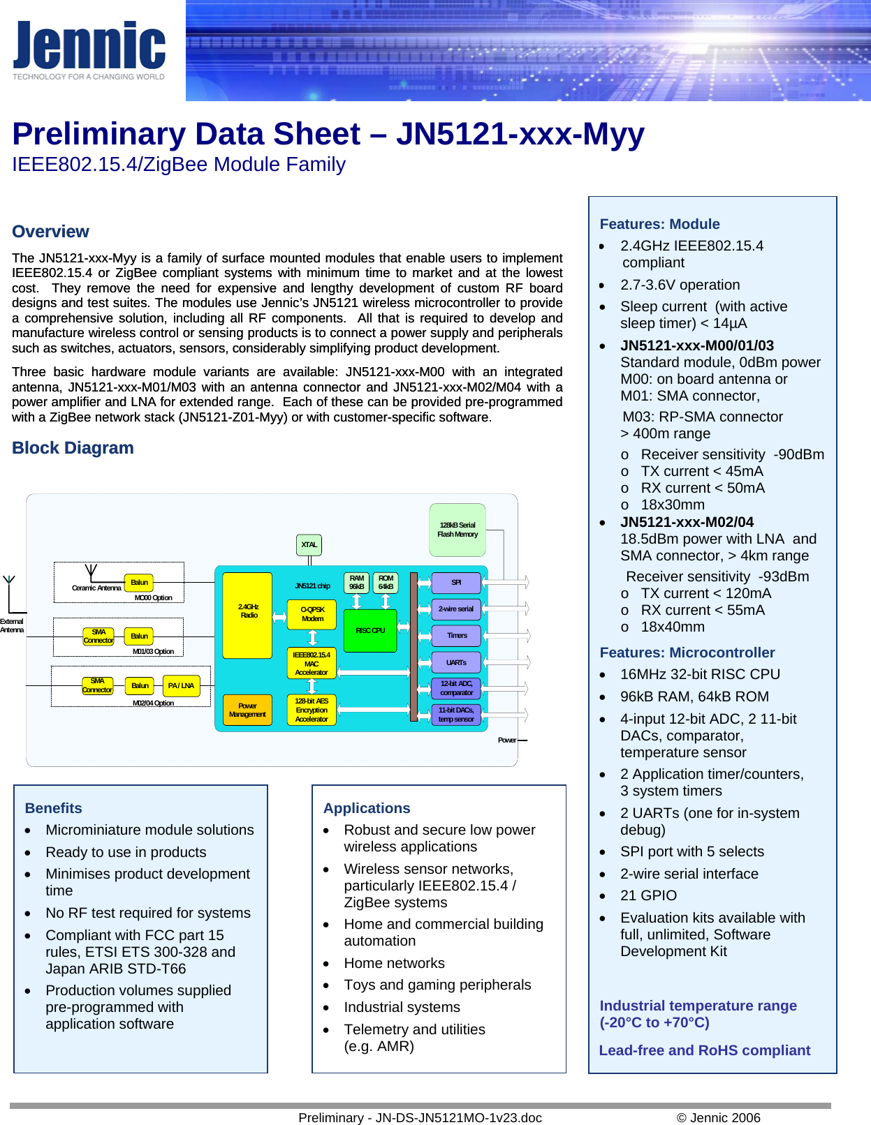 Preliminary Data Sheet – JN5121-xxx-Myy  IEEE802.15.4/ZigBee Module Family   Preliminary - JN-DS-JN5121MO-1v23.doc  © Jennic 2006   Features: Module • 2.4GHz IEEE802.15.4 compliant • 2.7-3.6V operation • Sleep current  (with active sleep timer) &lt; 14µA • JN5121-xxx-M00/01/03  Standard module, 0dBm power  M00: on board antenna or  M01: SMA connector, M03: RP-SMA connector   &gt; 400m range o  Receiver sensitivity  -90dBmo  TX current &lt; 45mA  o  RX current &lt; 50mA o  18x30mm • JN5121-xxx-M02/04   18.5dBm power with LNA  and SMA connector, &gt; 4km range  Receiver sensitivity  -93dBm o  TX current &lt; 120mA  o  RX current &lt; 55mA o  18x40mm Features: Microcontroller • 16MHz 32-bit RISC CPU • 96kB RAM, 64kB ROM • 4-input 12-bit ADC, 2 11-bit DACs, comparator, temperature sensor • 2 Application timer/counters,  3 system timers • 2 UARTs (one for in-system debug) • SPI port with 5 selects • 2-wire serial interface • 21 GPIO • Evaluation kits available with full, unlimited, Software Development Kit      Industrial temperature range (-20°C to +70°C)  Lead-free and RoHS compliant Overview Overview The JN5121-xxx-Myy is a family of surface mounted modules that enable users to implement IEEE802.15.4 or ZigBee compliant systems with minimum time to market and at the lowest cost.  They remove the need for expensive and lengthy development of custom RF board designs and test suites. The modules use Jennic’s JN5121 wireless microcontroller to provide a comprehensive solution, including all RF components.  All that is required to develop and manufacture wireless control or sensing products is to connect a power supply and peripherals such as switches, actuators, sensors, considerably simplifying product development. The JN5121-xxx-Myy is a family of surface mounted modules that enable users to implement IEEE802.15.4 or ZigBee compliant systems with minimum time to market and at the lowest cost.  They remove the need for expensive and lengthy development of custom RF board designs and test suites. The modules use Jennic’s JN5121 wireless microcontroller to provide a comprehensive solution, including all RF components.  All that is required to develop and manufacture wireless control or sensing products is to connect a power supply and peripherals such as switches, actuators, sensors, considerably simplifying product development. Three basic hardware module variants are available: JN5121-xxx-M00 with an integrated antenna, JN5121-xxx-M01/M03 with an antenna connector and JN5121-xxx-M02/M04 with a power amplifier and LNA for extended range.  Each of these can be provided pre-programmed with a ZigBee network stack (JN5121-Z01-Myy) or with customer-specific software. Three basic hardware module variants are available: JN5121-xxx-M00 with an integrated antenna, JN5121-xxx-M01/M03 with an antenna connector and JN5121-xxx-M02/M04 with a power amplifier and LNA for extended range.  Each of these can be provided pre-programmed with a ZigBee network stack (JN5121-Z01-Myy) or with customer-specific software. Block Diagram Block Diagram                     TimersUARTs12-bit ADC,comparator11-bit DACs,temp sensor2-wire serialSPIRAM96kB128-bit AESEncryptionAccelerator2.4GHz RadioROM64kBRISC CPUPowerManagementXTALO-QPSKModemIEEE802.15.4MACAccelerator128kB SerialFlash MemoryJN5121 chipPowerBalunSMAConnectorBalunCeramic AntennaBalunSMAConnector PA / LNAExternalAntennaMO00 OptionM01/03 OptionM02/04 Option      Benefits • Microminiature module solutions • Ready to use in products • Minimises product development time • No RF test required for systems • Compliant with FCC part 15 rules, ETSI ETS 300-328 and Japan ARIB STD-T66 • Production volumes supplied pre-programmed with application software Applications • Robust and secure low power wireless applications • Wireless sensor networks, particularly IEEE802.15.4 / ZigBee systems • Home and commercial building automation • Home networks • Toys and gaming peripherals • Industrial systems • Telemetry and utilities (e.g. AMR) 