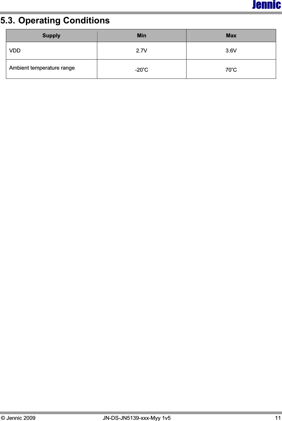 Jennic © Jennic 2009   JN-DS-JN5139-xxx-Myy 1v5  11 5.3. Operating Conditions Supply  Min  MaxVDD 2.7V 3.6V Ambient temperature range  -20°C 70°C