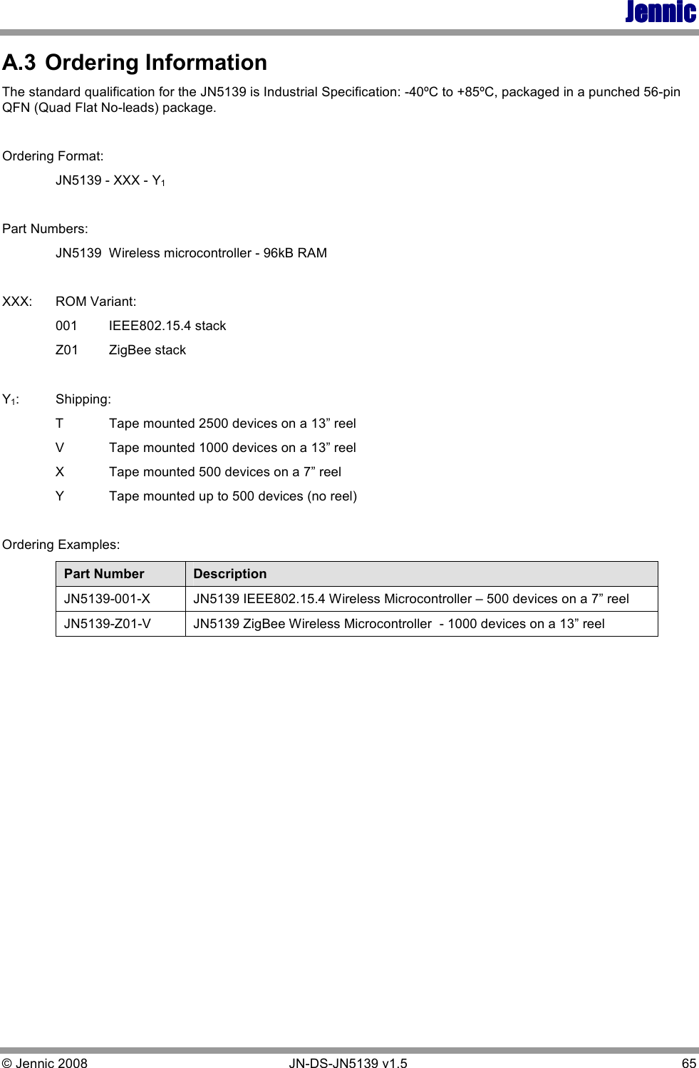 JennicJennicJennicJennic © Jennic 2008        JN-DS-JN5139 v1.5  65  A.3  Ordering Information The standard qualification for the JN5139 is Industrial Specification: -40ºC to +85ºC, packaged in a punched 56-pin QFN (Quad Flat No-leads) package.  Ordering Format: JN5139 - XXX - Y1  Part Numbers:   JN5139  Wireless microcontroller - 96kB RAM  XXX:  ROM Variant: 001  IEEE802.15.4 stack Z01  ZigBee stack  Y1:  Shipping: T  Tape mounted 2500 devices on a 13” reel V  Tape mounted 1000 devices on a 13” reel X  Tape mounted 500 devices on a 7” reel Y  Tape mounted up to 500 devices (no reel)  Ordering Examples: Part Number  Description JN5139-001-X  JN5139 IEEE802.15.4 Wireless Microcontroller – 500 devices on a 7” reel JN5139-Z01-V  JN5139 ZigBee Wireless Microcontroller  - 1000 devices on a 13” reel 