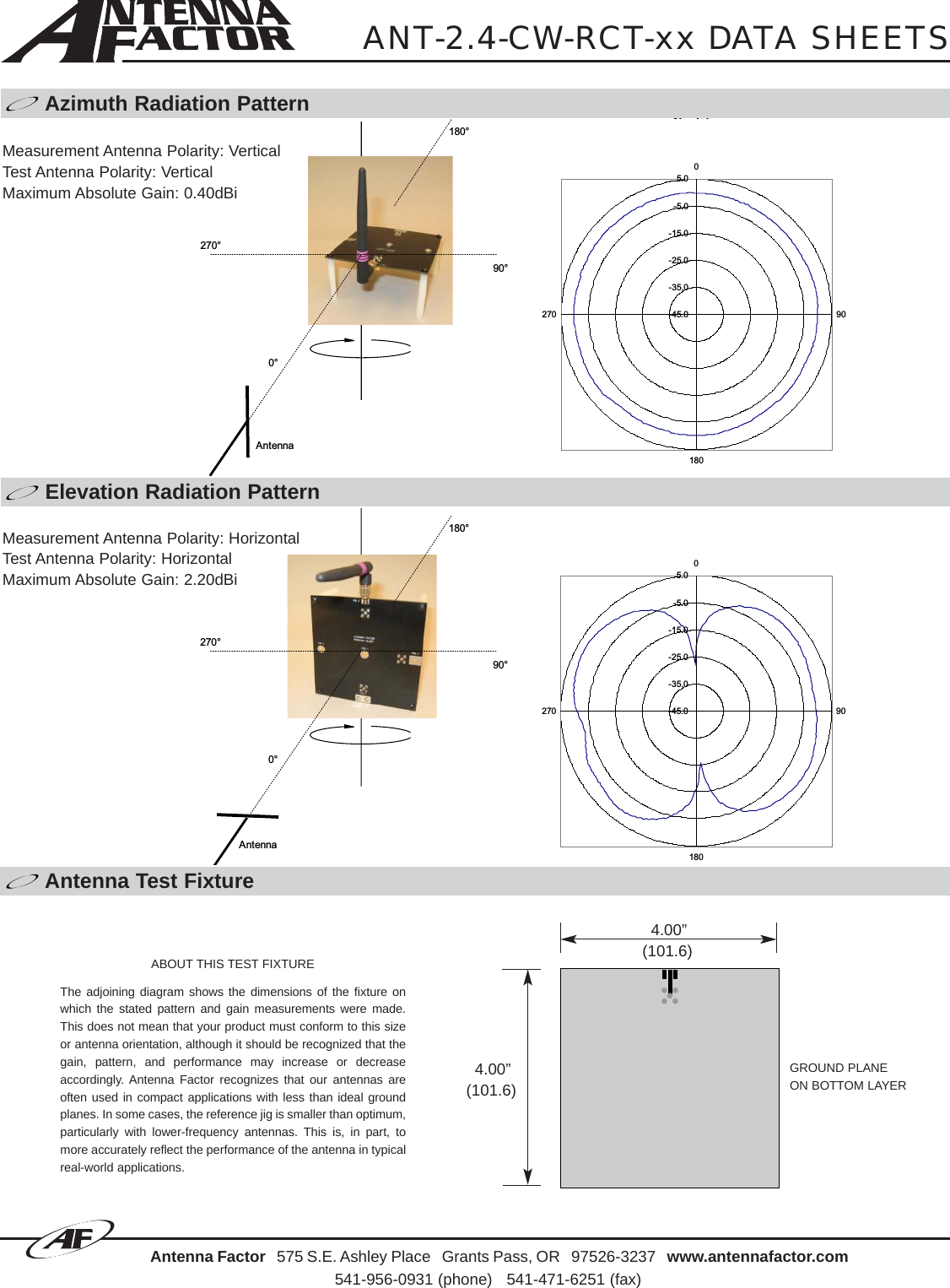 AbsoluteGain of AUT-45.0-35.0-25.0-15.0-5.05.009018027090°270°180°0°AntennaAntenna Factor 575 S.E. Ashley Place   Grants Pass, OR   97526-3237   www.antennafactor.com541-956-0931 (phone)   541-471-6251 (fax)ANT-2.4-CW-RCT-xx DATA SHEETSAzimuth Radiation PatternElevation Radiation PatternAbsoluteGain of AUT-45.0-35.0-25.0-15.0-5.05.009018027090°270°180°0°AntennaMeasurement Antenna Polarity: VerticalTest Antenna Polarity: VerticalMaximum Absolute Gain: 0.40dBiMeasurement Antenna Polarity: HorizontalTest Antenna Polarity: HorizontalMaximum Absolute Gain: 2.20dBi4.00”(101.6)4.00”(101.6)GROUND PLANE ON BOTTOM LAYERAntenna Test FixtureThe adjoining diagram shows the dimensions of the fixture onwhich the stated pattern and gain measurements were made.This does not mean that your product must conform to this sizeor antenna orientation, although it should be recognized that thegain, pattern, and performance may increase or decreaseaccordingly. Antenna Factor recognizes that our antennas areoften used in compact applications with less than ideal groundplanes. In some cases, the reference jig is smaller than optimum,particularly with lower-frequency antennas. This is, in part, tomore accurately reflect the performance of the antenna in typicalreal-world applications.ABOUT THIS TEST FIXTURE