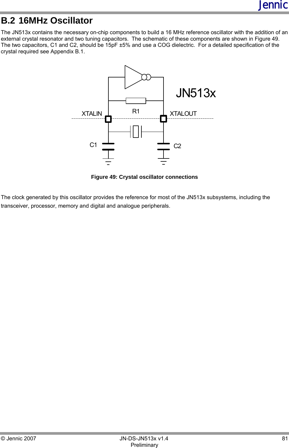 Jennic © Jennic 2007        JN-DS-JN513x v1.4  81 Preliminary B.2  16MHz Oscillator The JN513x contains the necessary on-chip components to build a 16 MHz reference oscillator with the addition of an external crystal resonator and two tuning capacitors.  The schematic of these components are shown in Figure 49.  The two capacitors, C1 and C2, should be 15pF ±5% and use a COG dielectric.  For a detailed specification of the crystal required see Appendix B.1. XTALOUTC2C1R1XTALINJN513x Figure 49: Crystal oscillator connections  The clock generated by this oscillator provides the reference for most of the JN513x subsystems, including the transceiver, processor, memory and digital and analogue peripherals.   