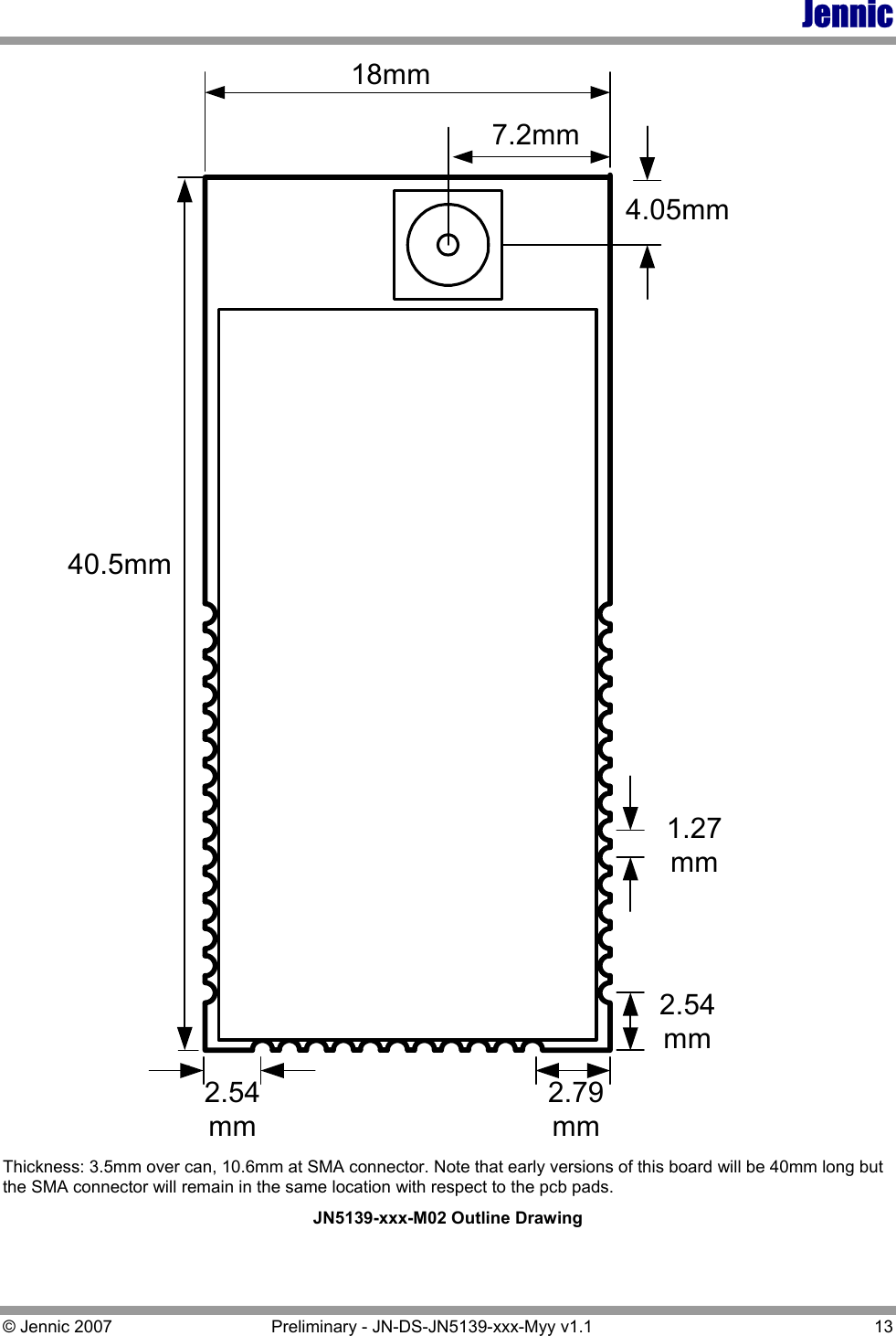 Jennic © Jennic 2007  Preliminary - JN-DS-JN5139-xxx-Myy v1.1  13 40.5mm18mm.2.79mm2.54mm1.27mm2.54mm4.05mm7.2mm Thickness: 3.5mm over can, 10.6mm at SMA connector. Note that early versions of this board will be 40mm long but the SMA connector will remain in the same location with respect to the pcb pads. JN5139-xxx-M02 Outline Drawing  