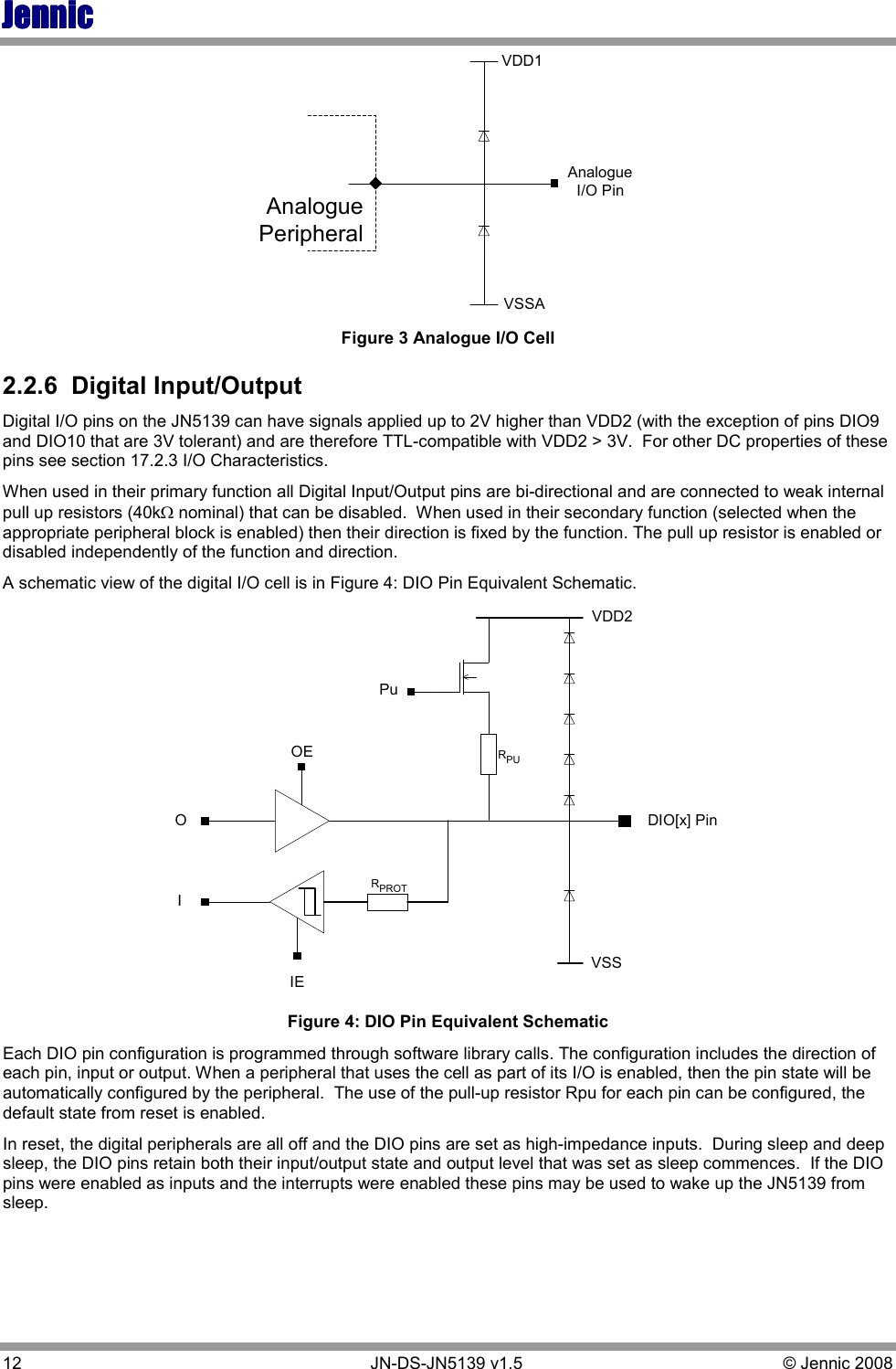 JennicJennicJennicJennic 12        JN-DS-JN5139 v1.5  © Jennic 2008  VDD1AnalogueI/O PinVSSAAnaloguePeripheral Figure 3 Analogue I/O Cell 2.2.6  Digital Input/Output Digital I/O pins on the JN5139 can have signals applied up to 2V higher than VDD2 (with the exception of pins DIO9 and DIO10 that are 3V tolerant) and are therefore TTL-compatible with VDD2 &gt; 3V.  For other DC properties of these pins see section 17.2.3 I/O Characteristics. When used in their primary function all Digital Input/Output pins are bi-directional and are connected to weak internal pull up resistors (40kΩ nominal) that can be disabled.  When used in their secondary function (selected when the appropriate peripheral block is enabled) then their direction is fixed by the function. The pull up resistor is enabled or disabled independently of the function and direction. A schematic view of the digital I/O cell is in Figure 4: DIO Pin Equivalent Schematic. IOIEVDD2VSSPuRPURPROTOEDIO[x] Pin Figure 4: DIO Pin Equivalent Schematic Each DIO pin configuration is programmed through software library calls. The configuration includes the direction of each pin, input or output. When a peripheral that uses the cell as part of its I/O is enabled, then the pin state will be automatically configured by the peripheral.  The use of the pull-up resistor Rpu for each pin can be configured, the default state from reset is enabled. In reset, the digital peripherals are all off and the DIO pins are set as high-impedance inputs.  During sleep and deep sleep, the DIO pins retain both their input/output state and output level that was set as sleep commences.  If the DIO pins were enabled as inputs and the interrupts were enabled these pins may be used to wake up the JN5139 from sleep.  