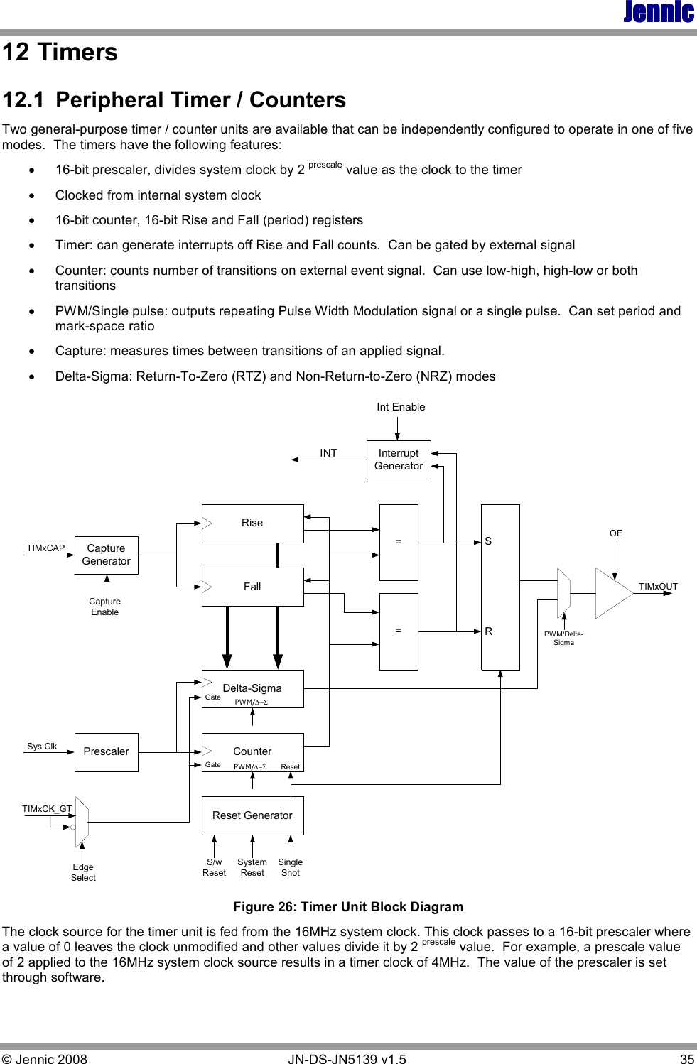 JennicJennicJennicJennic © Jennic 2008        JN-DS-JN5139 v1.5  35  12 Timers 12.1  Peripheral Timer / Counters Two general-purpose timer / counter units are available that can be independently configured to operate in one of five modes.  The timers have the following features: • 16-bit prescaler, divides system clock by 2 prescale value as the clock to the timer • Clocked from internal system clock • 16-bit counter, 16-bit Rise and Fall (period) registers • Timer: can generate interrupts off Rise and Fall counts.  Can be gated by external signal • Counter: counts number of transitions on external event signal.  Can use low-high, high-low or both transitions • PWM/Single pulse: outputs repeating Pulse Width Modulation signal or a single pulse.  Can set period and mark-space ratio • Capture: measures times between transitions of an applied signal. • Delta-Sigma: Return-To-Zero (RTZ) and Non-Return-to-Zero (NRZ) modes InterruptGeneratorRiseFallDelta-SigmaCounterReset Generator=PrescalerINTInt EnableSys ClkS/wResetSystemResetSingleShot=SROEGateGateEdgeSelectResetPWM/Delta-SigmaCaptureGeneratorCaptureEnablePWM/∆−ΣPWM/∆−ΣTIMxCK_GTTIMxOUTTIMxCAP Figure 26: Timer Unit Block Diagram The clock source for the timer unit is fed from the 16MHz system clock. This clock passes to a 16-bit prescaler where a value of 0 leaves the clock unmodified and other values divide it by 2 prescale value.  For example, a prescale value of 2 applied to the 16MHz system clock source results in a timer clock of 4MHz.  The value of the prescaler is set through software.   