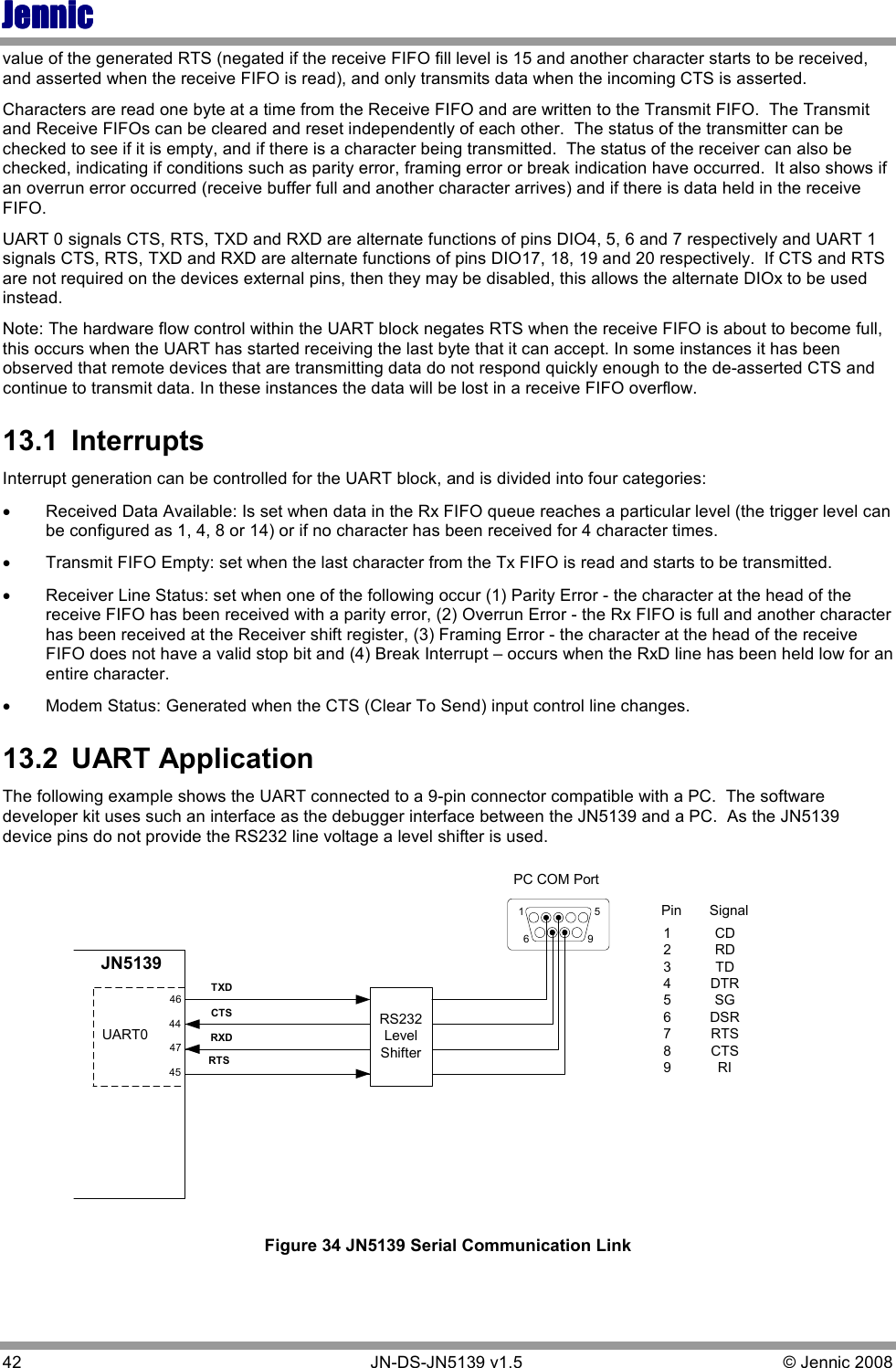 JennicJennicJennicJennic 42        JN-DS-JN5139 v1.5  © Jennic 2008  value of the generated RTS (negated if the receive FIFO fill level is 15 and another character starts to be received, and asserted when the receive FIFO is read), and only transmits data when the incoming CTS is asserted. Characters are read one byte at a time from the Receive FIFO and are written to the Transmit FIFO.  The Transmit and Receive FIFOs can be cleared and reset independently of each other.  The status of the transmitter can be checked to see if it is empty, and if there is a character being transmitted.  The status of the receiver can also be checked, indicating if conditions such as parity error, framing error or break indication have occurred.  It also shows if an overrun error occurred (receive buffer full and another character arrives) and if there is data held in the receive FIFO. UART 0 signals CTS, RTS, TXD and RXD are alternate functions of pins DIO4, 5, 6 and 7 respectively and UART 1 signals CTS, RTS, TXD and RXD are alternate functions of pins DIO17, 18, 19 and 20 respectively.  If CTS and RTS are not required on the devices external pins, then they may be disabled, this allows the alternate DIOx to be used instead. Note: The hardware flow control within the UART block negates RTS when the receive FIFO is about to become full, this occurs when the UART has started receiving the last byte that it can accept. In some instances it has been observed that remote devices that are transmitting data do not respond quickly enough to the de-asserted CTS and continue to transmit data. In these instances the data will be lost in a receive FIFO overflow. 13.1  Interrupts  Interrupt generation can be controlled for the UART block, and is divided into four categories: • Received Data Available: Is set when data in the Rx FIFO queue reaches a particular level (the trigger level can be configured as 1, 4, 8 or 14) or if no character has been received for 4 character times. • Transmit FIFO Empty: set when the last character from the Tx FIFO is read and starts to be transmitted. • Receiver Line Status: set when one of the following occur (1) Parity Error - the character at the head of the receive FIFO has been received with a parity error, (2) Overrun Error - the Rx FIFO is full and another character has been received at the Receiver shift register, (3) Framing Error - the character at the head of the receive FIFO does not have a valid stop bit and (4) Break Interrupt – occurs when the RxD line has been held low for an entire character. • Modem Status: Generated when the CTS (Clear To Send) input control line changes. 13.2  UART Application The following example shows the UART connected to a 9-pin connector compatible with a PC.  The software developer kit uses such an interface as the debugger interface between the JN5139 and a PC.  As the JN5139 device pins do not provide the RS232 line voltage a level shifter is used. JN5139RTSCTSTXDRXDUART0RS232LevelShifter123456789CDRDTDDTRSGDSRRTSCTSRIPC COM PortPin Signal1 56 946474544 Figure 34 JN5139 Serial Communication Link 