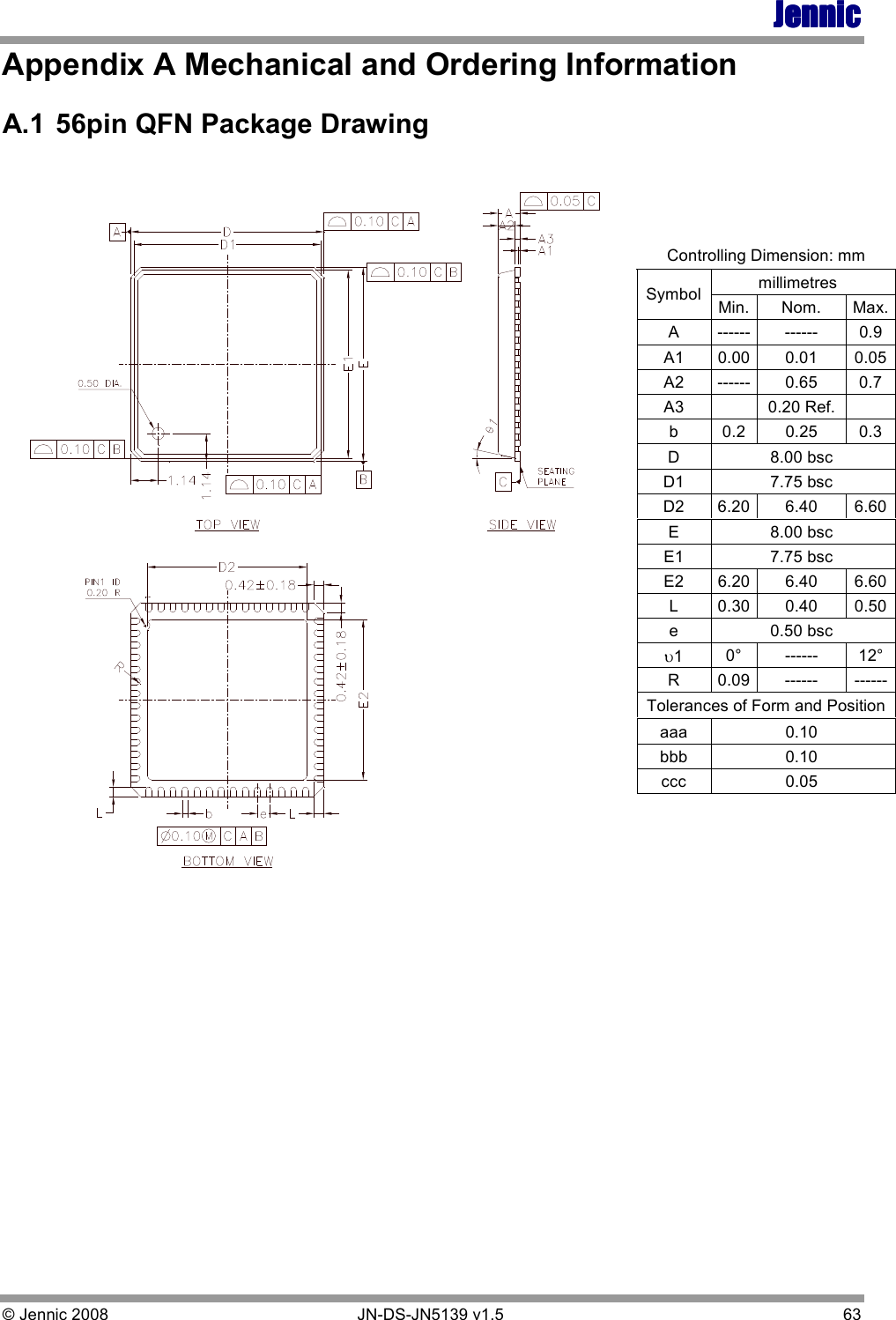 JennicJennicJennicJennic © Jennic 2008        JN-DS-JN5139 v1.5  63  Appendix A Mechanical and Ordering Information A.1  56pin QFN Package Drawing    Controlling Dimension: mm    millimetres Symbol  Min. Nom.  Max. A  ------ ------  0.9 A1  0.00 0.01  0.05 A2  ------ 0.65  0.7 A3     0.20 Ref.    b  0.2  0.25  0.3 D     8.00 bsc    D1     7.75 bsc    D2  6.20 6.40  6.60 E     8.00 bsc    E1     7.75 bsc    E2  6.20 6.40  6.60 L  0.30 0.40  0.50 e     0.50 bsc    υ1 0°  ------  12° R  0.09 ------  ------ Tolerances of Form and Position aaa     0.10    bbb     0.10    ccc     0.05    