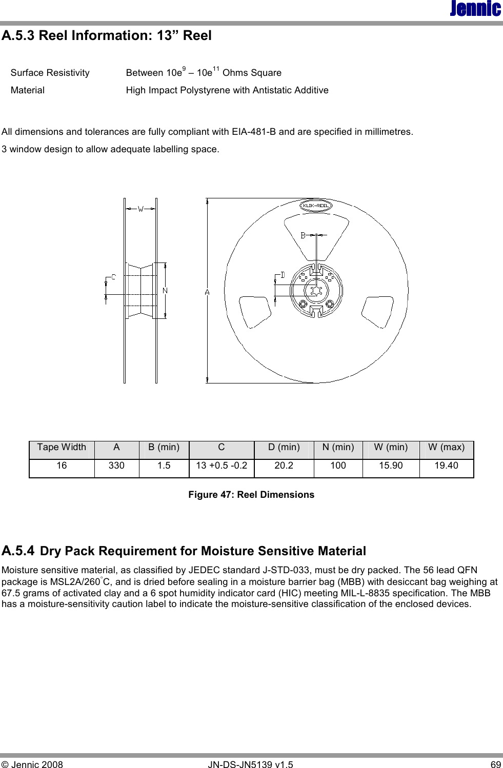 JennicJennicJennicJennic © Jennic 2008        JN-DS-JN5139 v1.5  69  A.5.3 Reel Information: 13” Reel  Surface Resistivity  Between 10e9 – 10e11 Ohms Square  Material  High Impact Polystyrene with Antistatic Additive  All dimensions and tolerances are fully compliant with EIA-481-B and are specified in millimetres. 3 window design to allow adequate labelling space.     Tape Width  A  B (min)  C  D (min)  N (min)  W (min)  W (max) 16  330  1.5  13 +0.5 -0.2  20.2  100  15.90  19.40  Figure 47: Reel Dimensions   A.5.4  Dry Pack Requirement for Moisture Sensitive Material  Moisture sensitive material, as classified by JEDEC standard J-STD-033, must be dry packed. The 56 lead QFN package is MSL2A/260°C, and is dried before sealing in a moisture barrier bag (MBB) with desiccant bag weighing at 67.5 grams of activated clay and a 6 spot humidity indicator card (HIC) meeting MIL-L-8835 specification. The MBB has a moisture-sensitivity caution label to indicate the moisture-sensitive classification of the enclosed devices.  