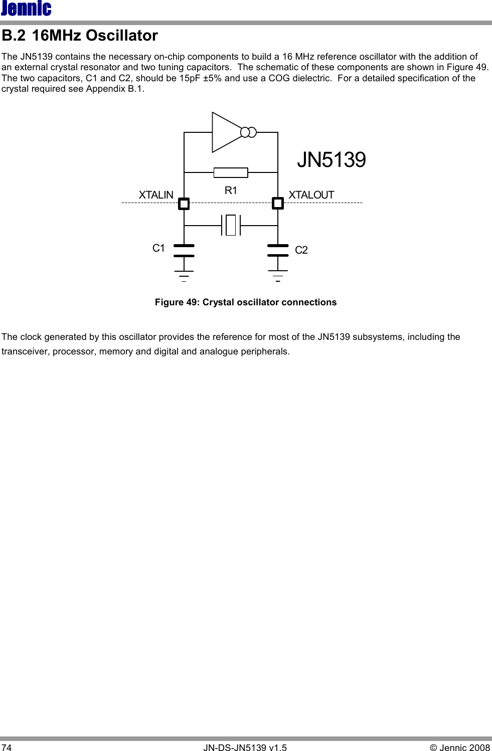 JennicJennicJennicJennic 74        JN-DS-JN5139 v1.5  © Jennic 2008  B.2  16MHz Oscillator The JN5139 contains the necessary on-chip components to build a 16 MHz reference oscillator with the addition of an external crystal resonator and two tuning capacitors.  The schematic of these components are shown in Figure 49.  The two capacitors, C1 and C2, should be 15pF ±5% and use a COG dielectric.  For a detailed specification of the crystal required see Appendix B.1. XTALOUTC2C1R1XTALINJN5139 Figure 49: Crystal oscillator connections  The clock generated by this oscillator provides the reference for most of the JN5139 subsystems, including the transceiver, processor, memory and digital and analogue peripherals.   