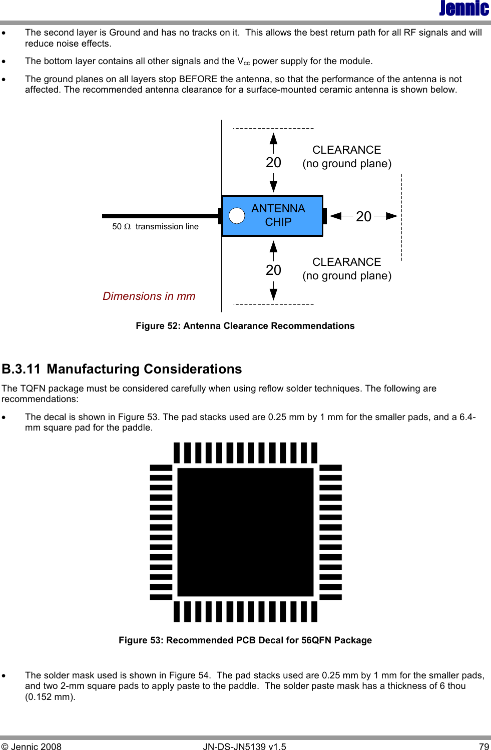 JennicJennicJennicJennic © Jennic 2008        JN-DS-JN5139 v1.5  79  • The second layer is Ground and has no tracks on it.  This allows the best return path for all RF signals and will reduce noise effects. • The bottom layer contains all other signals and the Vcc power supply for the module. • The ground planes on all layers stop BEFORE the antenna, so that the performance of the antenna is not affected. The recommended antenna clearance for a surface-mounted ceramic antenna is shown below.   ANTENNACHIPCLEARANCE(no ground plane)CLEARANCE(no ground plane)50 Ω  transmission lineDimensions in mm202020 Figure 52: Antenna Clearance Recommendations  B.3.11  Manufacturing Considerations The TQFN package must be considered carefully when using reflow solder techniques. The following are recommendations: • The decal is shown in Figure 53. The pad stacks used are 0.25 mm by 1 mm for the smaller pads, and a 6.4-mm square pad for the paddle.   Figure 53: Recommended PCB Decal for 56QFN Package  • The solder mask used is shown in Figure 54.  The pad stacks used are 0.25 mm by 1 mm for the smaller pads, and two 2-mm square pads to apply paste to the paddle.  The solder paste mask has a thickness of 6 thou (0.152 mm). 