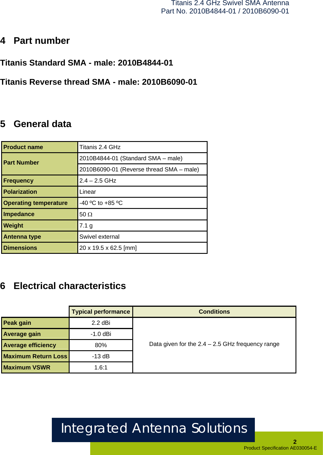 Titanis 2.4 GHz Swivel SMA Antenna Part No. 2010B4844-01 / 2010B6090-01  4  Part number  Titanis Standard SMA - male: 2010B4844-01  Titanis Reverse thread SMA - male: 2010B6090-01    150   5  General data    Product name  Titanis 2.4 GHz 2010B4844-01 (Standard SMA – male) Part Number  2010B6090-01 (Reverse thread SMA – male)  Frequency  2.4 – 2.5 GHz Polarization  Linear Operating temperature  -40 ºC to +85 ºC Impedance  50 Ω Weight  7.1 g Antenna type  Swivel external Dimensions  20 x 19.5 x 62.5 [mm]  6  Electrical characteristics    Typical performance Conditions Peak gain  2.2 dBi Average gain  -1.0 dBi Average efficiency  80% Maximum Return Loss  -13 dB Maximum VSWR  1.6:1 Data given for the 2.4 – 2.5 GHz frequency range  Integrated Antenna Solutions  2 Product Specification AE030054-E  