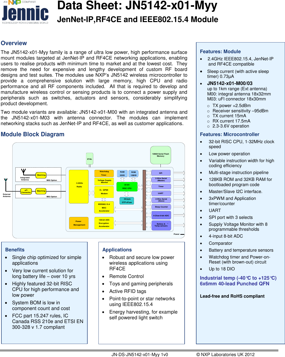  Data Sheet: JN5142-x01-Myy JenNet-IP,RF4CE and IEEE802.15.4 Module     JN-DS-JN5142-x01-Myy 1v0  © NXP Laboratories UK 2012 Features: Module   2.4GHz IEEE802.15.4, JenNet-IP and RF4CE compatible  Sleep current (with active sleep timer) 0.73µA  JN5142-x01-M00/03 up to 1km range (Ext antenna) M00: integral antenna 18x32mm M03: uFl connector 18x30mm o  TX power +2.5dBm o  Receiver sensitivity –95dBm o  TX current 15mA  o  RX current 17.5mA o  2.3-3.6V operation Features: Microcontroller  32-bit RISC CPU, 1-32MHz clock speed   Low power operation   Variable instruction width for high coding efficiency   Multi-stage instruction pipeline   128KB ROM and 32KB RAM for bootloaded program code   Master/Slave I2C interface.   3xPWM and Application timer/counter   UART   SPI port with 3 selects   Supply Voltage Monitor with 8 programmable thresholds   4-input 8-bit ADC   Comparator   Battery and temperature sensors   Watchdog timer and Power-on-Reset (with brown-out) circuit   Up to 18 DIO  Industrial temp (-40°C to +125°C) 6x6mm 40-lead Punched QFN  Lead-free and RoHS compliant     Overview The JN5142-x01-Myy family is a range of ultra low power, high performance surface mount modules targeted at JenNet-IP and RF4CE networking applications, enabling users to realise products with minimum time to market and at the lowest cost.  They remove  the  need  for  expensive  and  lengthy  development  of  custom  RF  board designs and test suites. The modules use NXP‟s JN5142 wireless microcontroller to provide  a  comprehensive  solution  with  large  memory,  high  CPU  and  radio performance  and all  RF  components  included.    All  that is  required  to  develop  and manufacture wireless control or sensing products is to connect a power supply and peripherals  such  as  switches,  actuators  and  sensors,  considerably  simplifying product development. Two module variants are available: JN5142-x01-M00 with an integrated antenna and the  JN5142-x01-M03  with  antenna  connector.  The  modules  can  implement networking stacks such as JenNet-IP and RF4CE, as well as customer applications. Module Block Diagram 128kB Serial Flash MemoryPower MatchinguFl ConnectorIntegrated AntennaExternal AntennaM00 OptionM03 Option32-bitRISC CPU TimerUART4-Chan 8-bit ADCBattery &amp;Temp sensors,2-Wire Serial (Master)SPI128-bit AESEncryptionAccelerator2.4GHzRadio2.4GHzRadioROM128KBPowerManagementXTALO-QPSKModem29-byteOTP eFuse2-Wire Serial (Slave)Sleep CounterWatchdogTimerWatchdogTimerVoltage Supply MonitorRAM32KBIEEE802.15.4MACAcceleratorMatching    Benefits   Single chip optimized for simple applications   Very low current solution for long battery life – over 10 yrs   Highly featured 32-bit RISC CPU for high performance and low power   System BOM is low in component count and cost   FCC part 15.247 rules, IC Canada RSS 210e and ETSI EN 300-328 v 1.7 compliant  Applications   Robust and secure low power wireless applications using RF4CE   Remote Control   Toys and gaming peripherals   Active RFID tags   Point-to-point or star networks using IEEE802.15.4   Energy harvesting, for example self powered light switch  