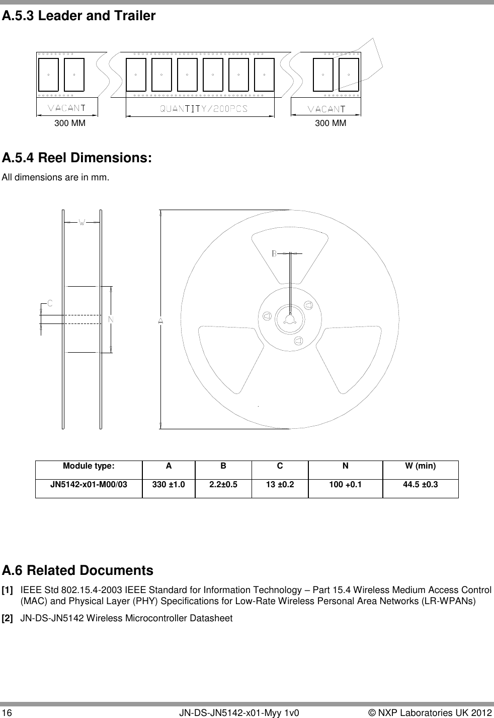  16   JN-DS-JN5142-x01-Myy 1v0  © NXP Laboratories UK 2012 A.5.3 Leader and Trailer  A.5.4 Reel Dimensions: All dimensions are in mm.    Module type: A  B C N  W (min)  JN5142-x01-M00/03 330 ±1.0 2.2±0.5 13 ±0.2 100 +0.1 44.5 ±0.3    A.6 Related Documents [1]  IEEE Std 802.15.4-2003 IEEE Standard for Information Technology – Part 15.4 Wireless Medium Access Control (MAC) and Physical Layer (PHY) Specifications for Low-Rate Wireless Personal Area Networks (LR-WPANs) [2]  JN-DS-JN5142 Wireless Microcontroller Datasheet   300 MM300 MM