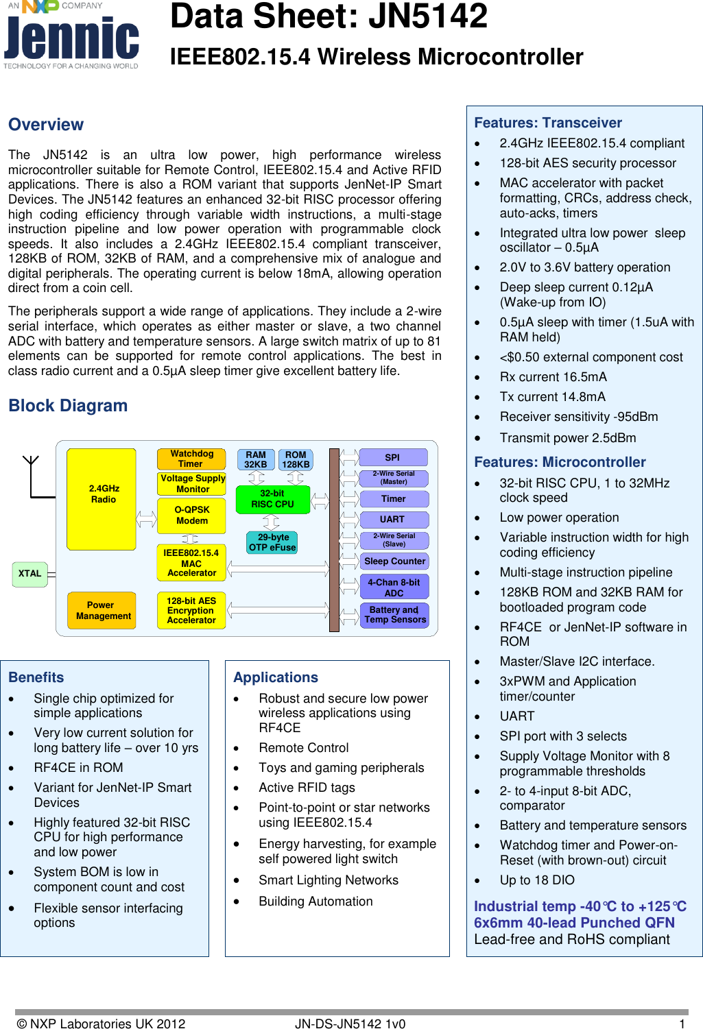  Data Sheet: JN5142 IEEE802.15.4 Wireless Microcontroller  © NXP Laboratories UK 2012        JN-DS-JN5142 1v0  1     Overview  Features: Transceiver   2.4GHz IEEE802.15.4 compliant  128-bit AES security processor    MAC accelerator with packet formatting, CRCs, address check, auto-acks, timers   Integrated ultra low power  sleep oscillator – 0.5µA   2.0V to 3.6V battery operation   Deep sleep current 0.12µA (Wake-up from IO)   0.5µA sleep with timer (1.5uA with RAM held)   &lt;$0.50 external component cost   Rx current 16.5mA   Tx current 14.8mA   Receiver sensitivity -95dBm  Transmit power 2.5dBm Features: Microcontroller  32-bit RISC CPU, 1 to 32MHz clock speed   Low power operation   Variable instruction width for high coding efficiency   Multi-stage instruction pipeline   128KB ROM and 32KB RAM for bootloaded program code   RF4CE  or JenNet-IP software in ROM   Master/Slave I2C interface.    3xPWM and Application timer/counter   UART   SPI port with 3 selects   Supply Voltage Monitor with 8 programmable thresholds   2- to 4-input 8-bit ADC, comparator   Battery and temperature sensors   Watchdog timer and Power-on-Reset (with brown-out) circuit   Up to 18 DIO  Industrial temp -40°C to +125°C 6x6mm 40-lead Punched QFN Lead-free and RoHS compliant The  JN5142  is  an  ultra  low  power,  high  performance  wireless microcontroller suitable for Remote Control, IEEE802.15.4 and Active RFID applications.  There  is  also  a  ROM  variant  that  supports  JenNet-IP  Smart Devices. The JN5142 features an enhanced 32-bit RISC processor offering high  coding  efficiency  through  variable  width  instructions,  a  multi-stage instruction  pipeline  and  low  power  operation  with  programmable  clock speeds.  It  also  includes  a  2.4GHz  IEEE802.15.4  compliant  transceiver, 128KB of ROM, 32KB of RAM, and a comprehensive mix of analogue and digital peripherals. The operating current is below 18mA, allowing operation direct from a coin cell. The peripherals support a wide range of applications. They include a 2-wire serial  interface,  which  operates  as  either  master  or  slave,  a  two  channel ADC with battery and temperature sensors. A large switch matrix of up to 81 elements  can  be  supported  for  remote  control  applications.  The  best  in class radio current and a 0.5µA sleep timer give excellent battery life. Block Diagram 32-bitRISC CPU TimerUART4-Chan 8-bitADCBattery and,Temp Sensors2-Wire Serial(Master)SPI128-bit AESEncryptionAccelerator2.4GHzRadio2.4GHzRadioROM128KBPowerManagementXTALO-QPSKModem29-byteOTP eFuse2-Wire Serial(Slave)Sleep CounterWatchdogTimerWatchdogTimerVoltage SupplyMonitorRAM32KBIEEE802.15.4MACAccelerator  Benefits   Single chip optimized for simple applications   Very low current solution for long battery life – over 10 yrs   RF4CE in ROM   Variant for JenNet-IP Smart Devices   Highly featured 32-bit RISC CPU for high performance and low power   System BOM is low in component count and cost  Flexible sensor interfacing options  Applications   Robust and secure low power wireless applications using RF4CE   Remote Control   Toys and gaming peripherals   Active RFID tags   Point-to-point or star networks using IEEE802.15.4  Energy harvesting, for example self powered light switch  Smart Lighting Networks  Building Automation   