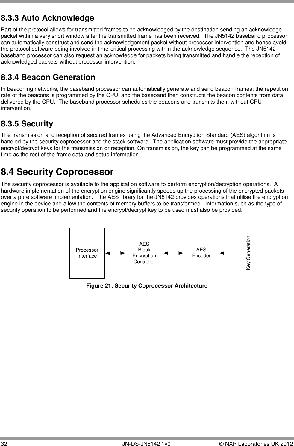  32       JN-DS-JN5142 1v0  © NXP Laboratories UK 2012  8.3.3 Auto Acknowledge Part of the protocol allows for transmitted frames to be acknowledged by the destination sending an acknowledge packet within a very short window after the transmitted frame has been received.  The JN5142 baseband processor can automatically construct and send the acknowledgement packet without processor intervention and hence avoid the protocol software being involved in time-critical processing within the acknowledge sequence.  The JN5142 baseband processor can also request an acknowledge for packets being transmitted and handle the reception of acknowledged packets without processor intervention. 8.3.4 Beacon Generation In beaconing networks, the baseband processor can automatically generate and send beacon frames; the repetition rate of the beacons is programmed by the CPU, and the baseband then constructs the beacon contents from data delivered by the CPU.  The baseband processor schedules the beacons and transmits them without CPU intervention. 8.3.5 Security The transmission and reception of secured frames using the Advanced Encryption Standard (AES) algorithm is handled by the security coprocessor and the stack software.  The application software must provide the appropriate encrypt/decrypt keys for the transmission or reception. On transmission, the key can be programmed at the same time as the rest of the frame data and setup information.   8.4 Security Coprocessor The security coprocessor is available to the application software to perform encryption/decryption operations.  A hardware implementation of the encryption engine significantly speeds up the processing of the encrypted packets over a pure software implementation.  The AES library for the JN5142 provides operations that utilise the encryption engine in the device and allow the contents of memory buffers to be transformed.  Information such as the type of security operation to be performed and the encrypt/decrypt key to be used must also be provided.  ProcessorInterfaceAESBlockEncryptionControllerAESEncoderKey Generation Figure 21: Security Coprocessor Architecture 