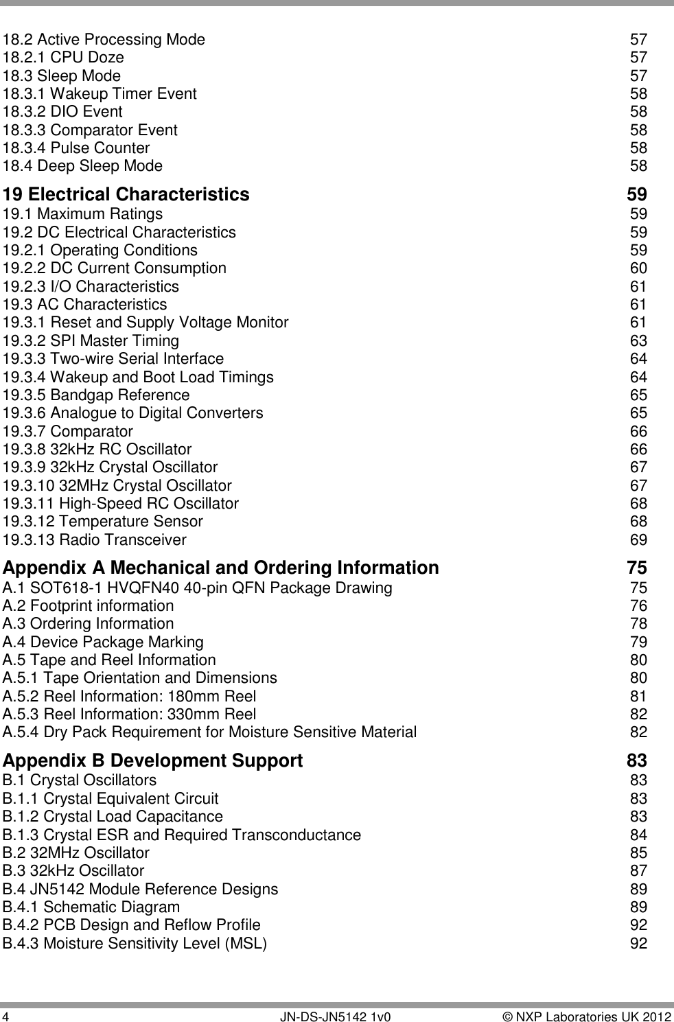  4        JN-DS-JN5142 1v0  © NXP Laboratories UK 2012  18.2 Active Processing Mode  57 18.2.1 CPU Doze  57 18.3 Sleep Mode  57 18.3.1 Wakeup Timer Event  58 18.3.2 DIO Event  58 18.3.3 Comparator Event  58 18.3.4 Pulse Counter  58 18.4 Deep Sleep Mode  58 19 Electrical Characteristics  59 19.1 Maximum Ratings  59 19.2 DC Electrical Characteristics  59 19.2.1 Operating Conditions  59 19.2.2 DC Current Consumption  60 19.2.3 I/O Characteristics  61 19.3 AC Characteristics  61 19.3.1 Reset and Supply Voltage Monitor  61 19.3.2 SPI Master Timing  63 19.3.3 Two-wire Serial Interface  64 19.3.4 Wakeup and Boot Load Timings  64 19.3.5 Bandgap Reference  65 19.3.6 Analogue to Digital Converters  65 19.3.7 Comparator  66 19.3.8 32kHz RC Oscillator  66 19.3.9 32kHz Crystal Oscillator  67 19.3.10 32MHz Crystal Oscillator  67 19.3.11 High-Speed RC Oscillator  68 19.3.12 Temperature Sensor  68 19.3.13 Radio Transceiver  69 Appendix A Mechanical and Ordering Information  75 A.1 SOT618-1 HVQFN40 40-pin QFN Package Drawing  75 A.2 Footprint information  76 A.3 Ordering Information  78 A.4 Device Package Marking  79 A.5 Tape and Reel Information  80 A.5.1 Tape Orientation and Dimensions  80 A.5.2 Reel Information: 180mm Reel  81 A.5.3 Reel Information: 330mm Reel  82 A.5.4 Dry Pack Requirement for Moisture Sensitive Material  82 Appendix B Development Support  83 B.1 Crystal Oscillators  83 B.1.1 Crystal Equivalent Circuit  83 B.1.2 Crystal Load Capacitance  83 B.1.3 Crystal ESR and Required Transconductance  84 B.2 32MHz Oscillator  85 B.3 32kHz Oscillator  87 B.4 JN5142 Module Reference Designs  89 B.4.1 Schematic Diagram  89 B.4.2 PCB Design and Reflow Profile  92 B.4.3 Moisture Sensitivity Level (MSL)  92 