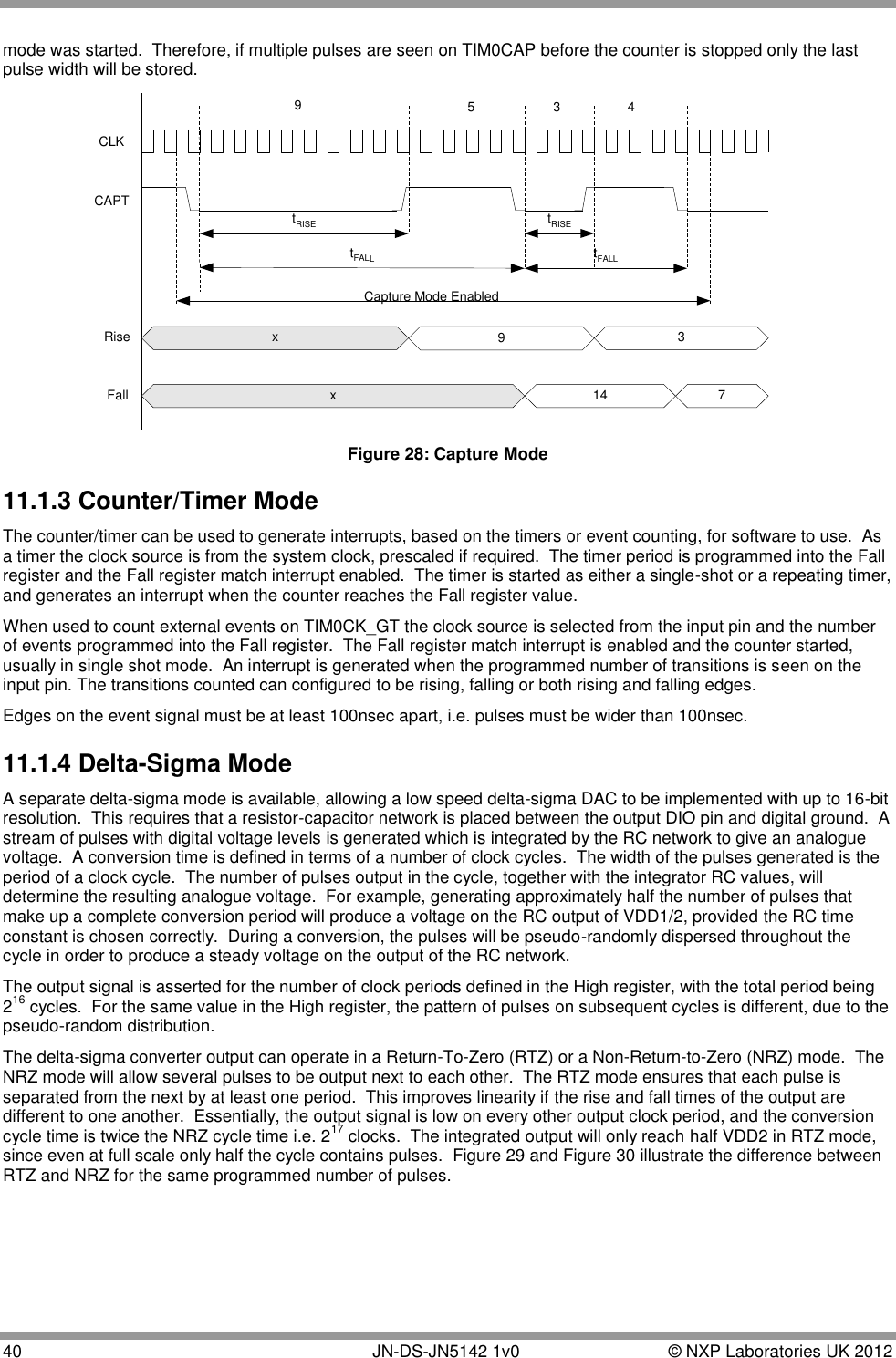  40       JN-DS-JN5142 1v0  © NXP Laboratories UK 2012  mode was started.  Therefore, if multiple pulses are seen on TIM0CAP before the counter is stopped only the last pulse width will be stored. CLKCAPTx93x14tRISE tRISEtFALLtFALLRiseFall95 437Capture Mode Enabled Figure 28: Capture Mode 11.1.3 Counter/Timer Mode The counter/timer can be used to generate interrupts, based on the timers or event counting, for software to use.  As a timer the clock source is from the system clock, prescaled if required.  The timer period is programmed into the Fall register and the Fall register match interrupt enabled.  The timer is started as either a single-shot or a repeating timer, and generates an interrupt when the counter reaches the Fall register value. When used to count external events on TIM0CK_GT the clock source is selected from the input pin and the number of events programmed into the Fall register.  The Fall register match interrupt is enabled and the counter started, usually in single shot mode.  An interrupt is generated when the programmed number of transitions is seen on the input pin. The transitions counted can configured to be rising, falling or both rising and falling edges. Edges on the event signal must be at least 100nsec apart, i.e. pulses must be wider than 100nsec. 11.1.4 Delta-Sigma Mode A separate delta-sigma mode is available, allowing a low speed delta-sigma DAC to be implemented with up to 16-bit resolution.  This requires that a resistor-capacitor network is placed between the output DIO pin and digital ground.  A stream of pulses with digital voltage levels is generated which is integrated by the RC network to give an analogue voltage.  A conversion time is defined in terms of a number of clock cycles.  The width of the pulses generated is the period of a clock cycle.  The number of pulses output in the cycle, together with the integrator RC values, will determine the resulting analogue voltage.  For example, generating approximately half the number of pulses that make up a complete conversion period will produce a voltage on the RC output of VDD1/2, provided the RC time constant is chosen correctly.  During a conversion, the pulses will be pseudo-randomly dispersed throughout the cycle in order to produce a steady voltage on the output of the RC network. The output signal is asserted for the number of clock periods defined in the High register, with the total period being 216 cycles.  For the same value in the High register, the pattern of pulses on subsequent cycles is different, due to the pseudo-random distribution. The delta-sigma converter output can operate in a Return-To-Zero (RTZ) or a Non-Return-to-Zero (NRZ) mode.  The NRZ mode will allow several pulses to be output next to each other.  The RTZ mode ensures that each pulse is separated from the next by at least one period.  This improves linearity if the rise and fall times of the output are different to one another.  Essentially, the output signal is low on every other output clock period, and the conversion cycle time is twice the NRZ cycle time i.e. 217 clocks.  The integrated output will only reach half VDD2 in RTZ mode, since even at full scale only half the cycle contains pulses.  Figure 29 and Figure 30 illustrate the difference between RTZ and NRZ for the same programmed number of pulses.    