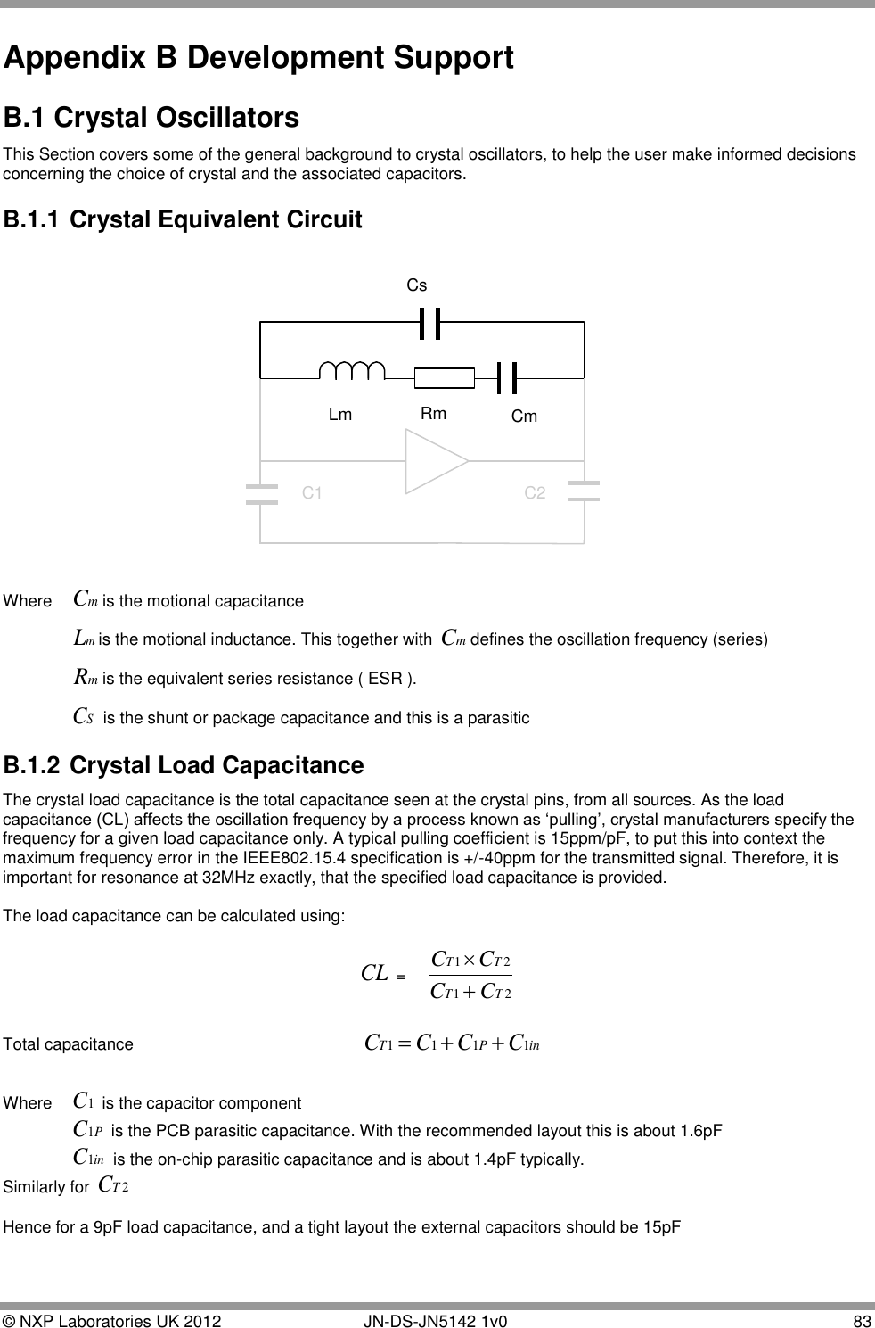  © NXP Laboratories UK 2012        JN-DS-JN5142 1v0  83  Appendix B Development Support B.1 Crystal Oscillators This Section covers some of the general background to crystal oscillators, to help the user make informed decisions concerning the choice of crystal and the associated capacitors.  B.1.1  Crystal Equivalent Circuit  CsLm CmRmC2C1 Where  mCis the motional capacitance   mLis the motional inductance. This together with mCdefines the oscillation frequency (series)  mRis the equivalent series resistance ( ESR ).   SC is the shunt or package capacitance and this is a parasitic  B.1.2  Crystal Load Capacitance The crystal load capacitance is the total capacitance seen at the crystal pins, from all sources. As the load capacitance (CL) affects the oscillation frequency by a process known as „pulling‟, crystal manufacturers specify the frequency for a given load capacitance only. A typical pulling coefficient is 15ppm/pF, to put this into context the maximum frequency error in the IEEE802.15.4 specification is +/-40ppm for the transmitted signal. Therefore, it is important for resonance at 32MHz exactly, that the specified load capacitance is provided.   The load capacitance can be calculated using:   CL =2121TTTTCCCC  Total capacitance                                                 inPT CCCC 1111     Where  1C is the capacitor component   PC1 is the PCB parasitic capacitance. With the recommended layout this is about 1.6pF  inC1 is the on-chip parasitic capacitance and is about 1.4pF typically. Similarly for 2TC  Hence for a 9pF load capacitance, and a tight layout the external capacitors should be 15pF 