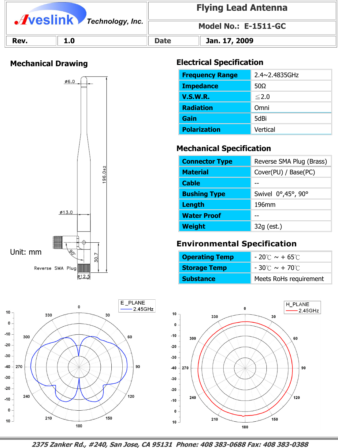 Mechanical DrawingMechanical Specification Environmental SpecificationFlying Lead Antenna Model No.:  E-1511-GC  Rev.   1.0   Date   Jan. 17, 2009 Connector Type   Reverse SMA Plug (Brass)Material  Cover(PU) / Base(PC) Cable  -- Bushing Type  Swivel  0°,45°, 90° Length  196mm Water Proof  -- Weight  32g (est.)                                                                                                                                                                                                                        2375 Zanker Rd., #240, San Jose, CA 95131  Phone: 408 383-0688 Fax: 408 383-0388 Operating Temp  - 20℃ ~ + 65℃ Storage Temp  - 30℃ ~ + 70℃ Substance  Meets RoHs requirement Electrical SpecificationFrequency Range   2.4~2.4835GHz Impedance  50Ω V.S.W.R.  ≦2.0 Radiation  Omni Gain  5dBi Polarization  Vertical Unit: mm 