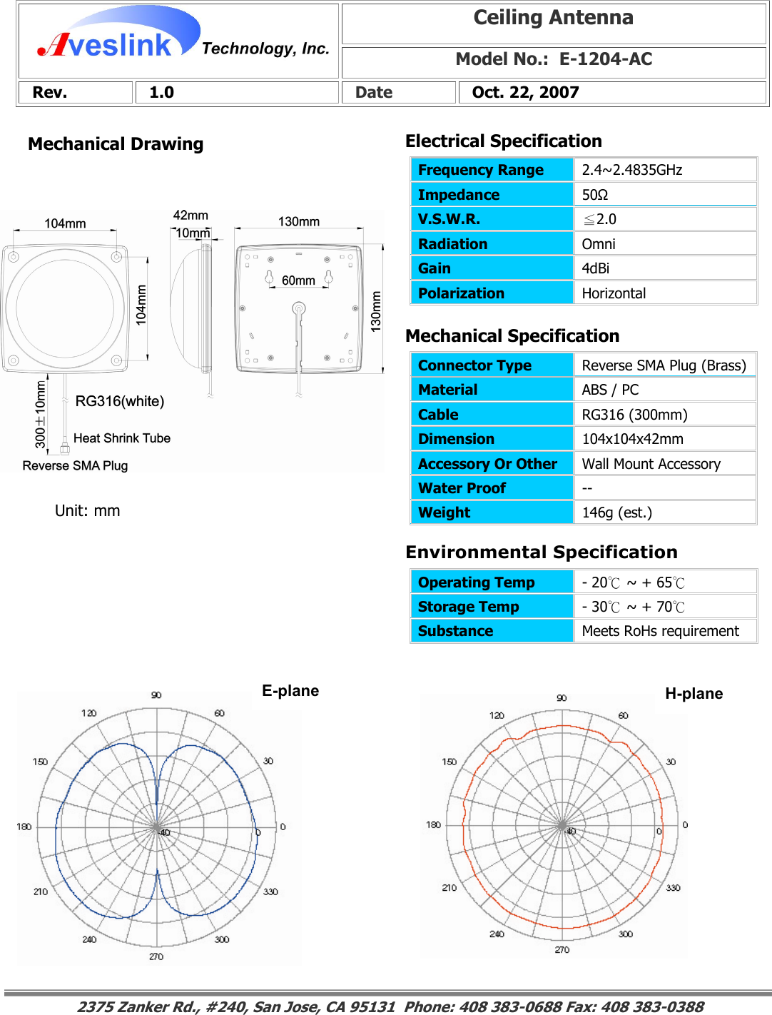 Mechanical DrawingMechanical Specification Environmental SpecificationCeiling Antenna Model No.:  E-1204-AC  Rev.   1.0   Date   Oct. 22, 2007 Connector Type   Reverse SMA Plug (Brass)Material  ABS / PC Cable  RG316 (300mm) Dimension  104x104x42mm Accessory Or Other  Wall Mount Accessory Water Proof  -- Weight  146g (est.)                                                                                                                                                                                                                        2375 Zanker Rd., #240, San Jose, CA 95131  Phone: 408 383-0688 Fax: 408 383-0388 Operating Temp  - 20  ~ + 65℃℃ Storage Temp  - 30  ~ + 70℃℃ Substance  Meets RoHs requirement Electrical SpecificationFrequency Range   2.4~2.4835GHz Impedance  50Ω V.S.W.R.  ≦2.0 Radiation  Omni Gain  4dBi Polarization  Horizontal E-plane  H-plane Unit: mm 