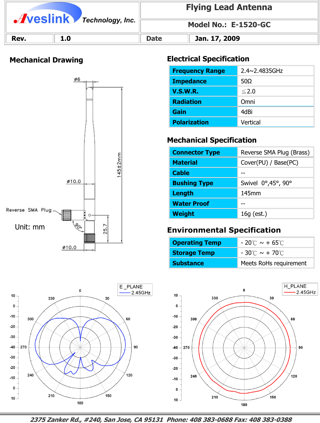 Mechanical DrawingMechanical Specification Environmental SpecificationFlying Lead Antenna Model No.:  E-1520-GC  Rev.   1.0   Date   Jan. 17, 2009 Connector Type   Reverse SMA Plug (Brass)Material  Cover(PU) / Base(PC) Cable  -- Bushing Type  Swivel  0°,45°, 90° Length  145mm Water Proof  -- Weight  16g (est.)                                                                                                                                                                                                                        2375 Zanker Rd., #240, San Jose, CA 95131  Phone: 408 383-0688 Fax: 408 383-0388 Operating Temp  - 20℃ ~ + 65℃ Storage Temp  - 30℃ ~ + 70℃ Substance  Meets RoHs requirement Electrical SpecificationFrequency Range   2.4~2.4835GHz Impedance  50Ω V.S.W.R.  ≦2.0 Radiation  Omni Gain  4dBi Polarization  Vertical Unit: mm 