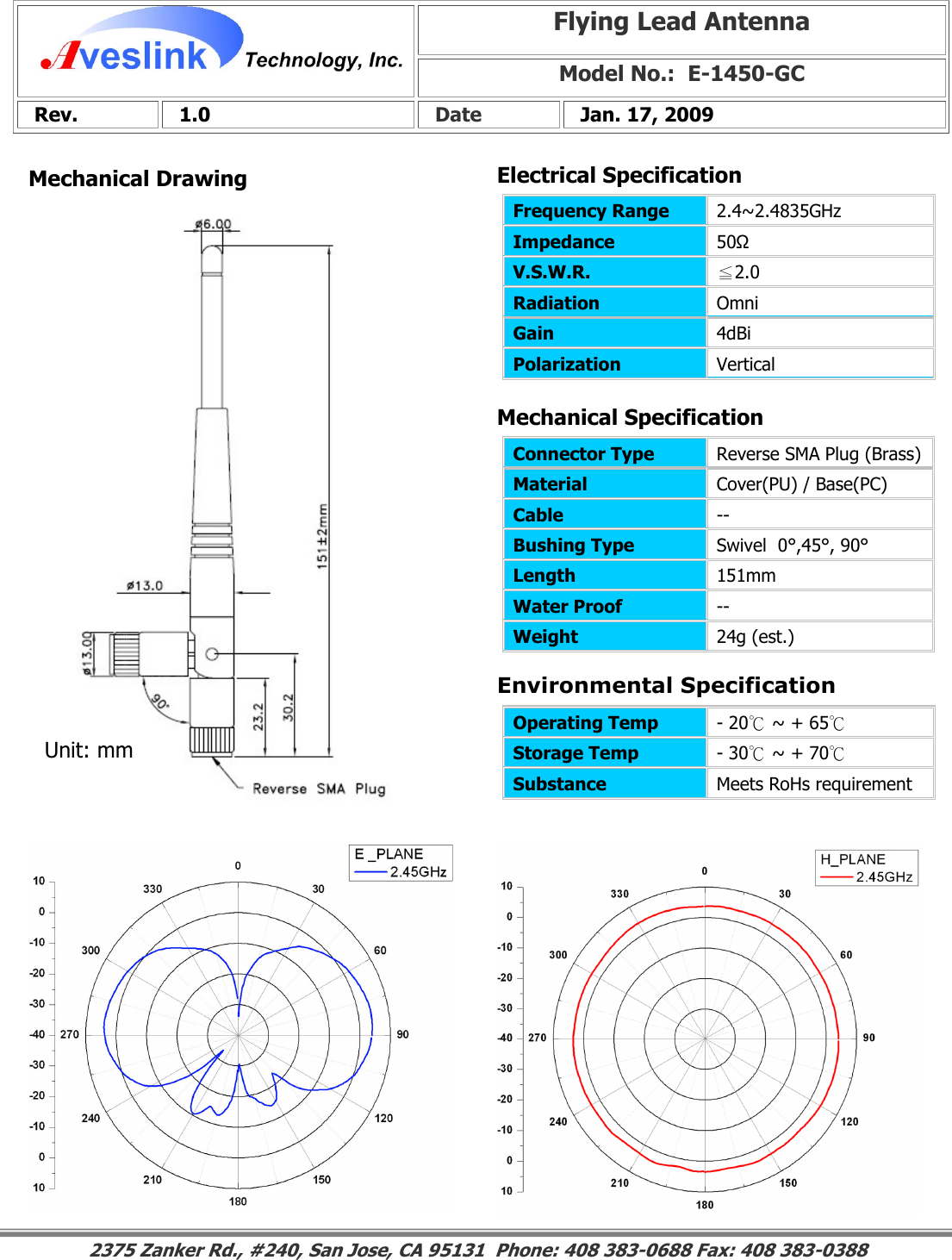 Mechanical DrawingMechanical Specification Environmental SpecificationFlying Lead Antenna Model No.:  E-1450-GC  Rev.   1.0   Date   Jan. 17, 2009 Connector Type   Reverse SMA Plug (Brass)Material  Cover(PU) / Base(PC) Cable  -- Bushing Type  Swivel  0°,45°, 90° Length  151mm Water Proof  -- Weight  24g (est.)                                                                                                                                                                                                                        2375 Zanker Rd., #240, San Jose, CA 95131  Phone: 408 383-0688 Fax: 408 383-0388 Operating Temp  - 20℃ ~ + 65℃ Storage Temp  - 30℃ ~ + 70℃ Substance  Meets RoHs requirement Electrical SpecificationFrequency Range   2.4~2.4835GHz Impedance  50Ω V.S.W.R.  ≦2.0 Radiation  Omni Gain  4dBi Polarization  Vertical Unit: mm 